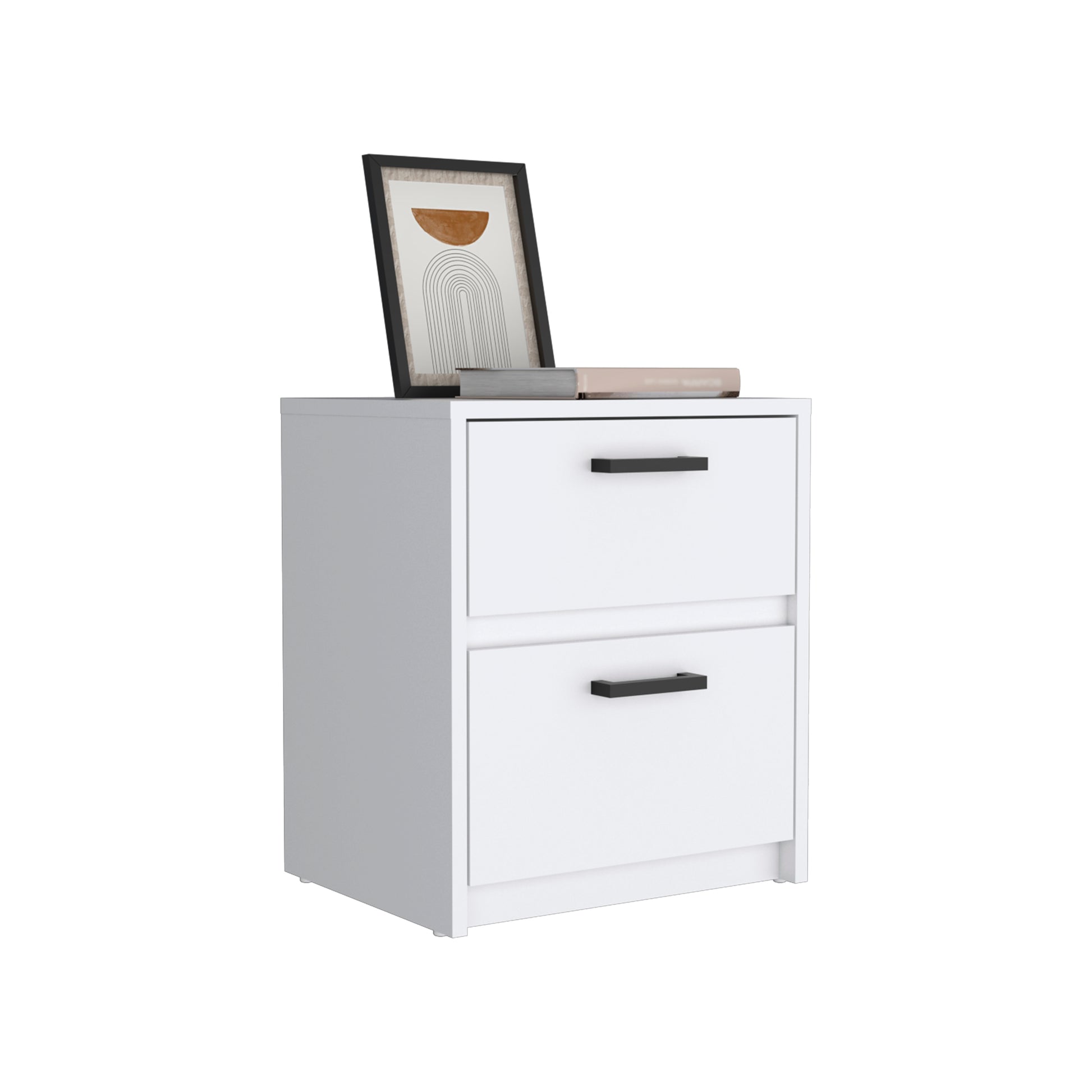 Nightstand 18"H2 Drawers With Metal Handles, White White Particle Board Particle Board