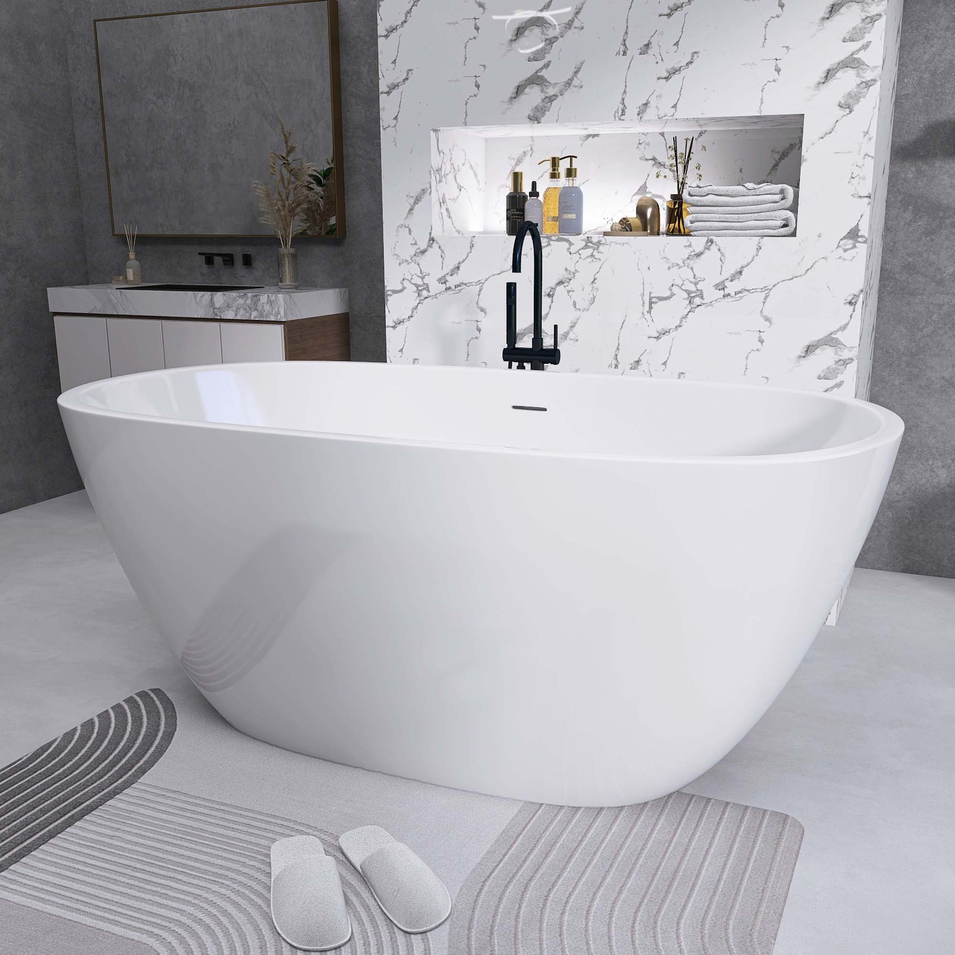 65" Acrylic Free Standing Tub Classic Oval Shape Soaking Tub, Adjustable Freestanding Bathtub With Integrated Slotted Overflow And Chrome Pop Up Drain Anti Clogging Gloss White Gloss White Oval Bathroom Freestanding Tubs Polished 61 69 In Modern Soaking