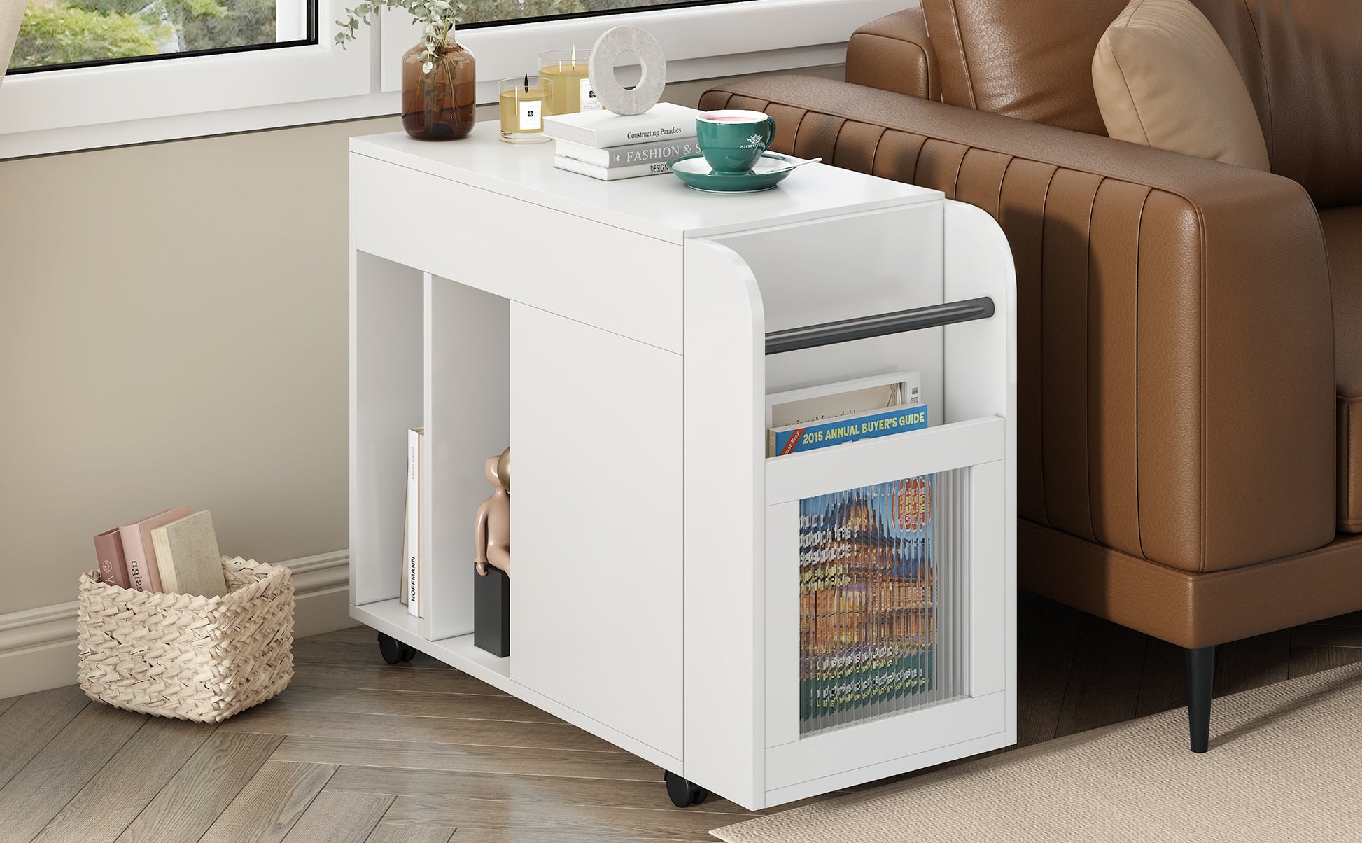 Multifunctional End Table With Wheels, Side Table With Tempered Glass Door, 2 Storage Shelves, 2 Drawers For Living Room, White White Mdf