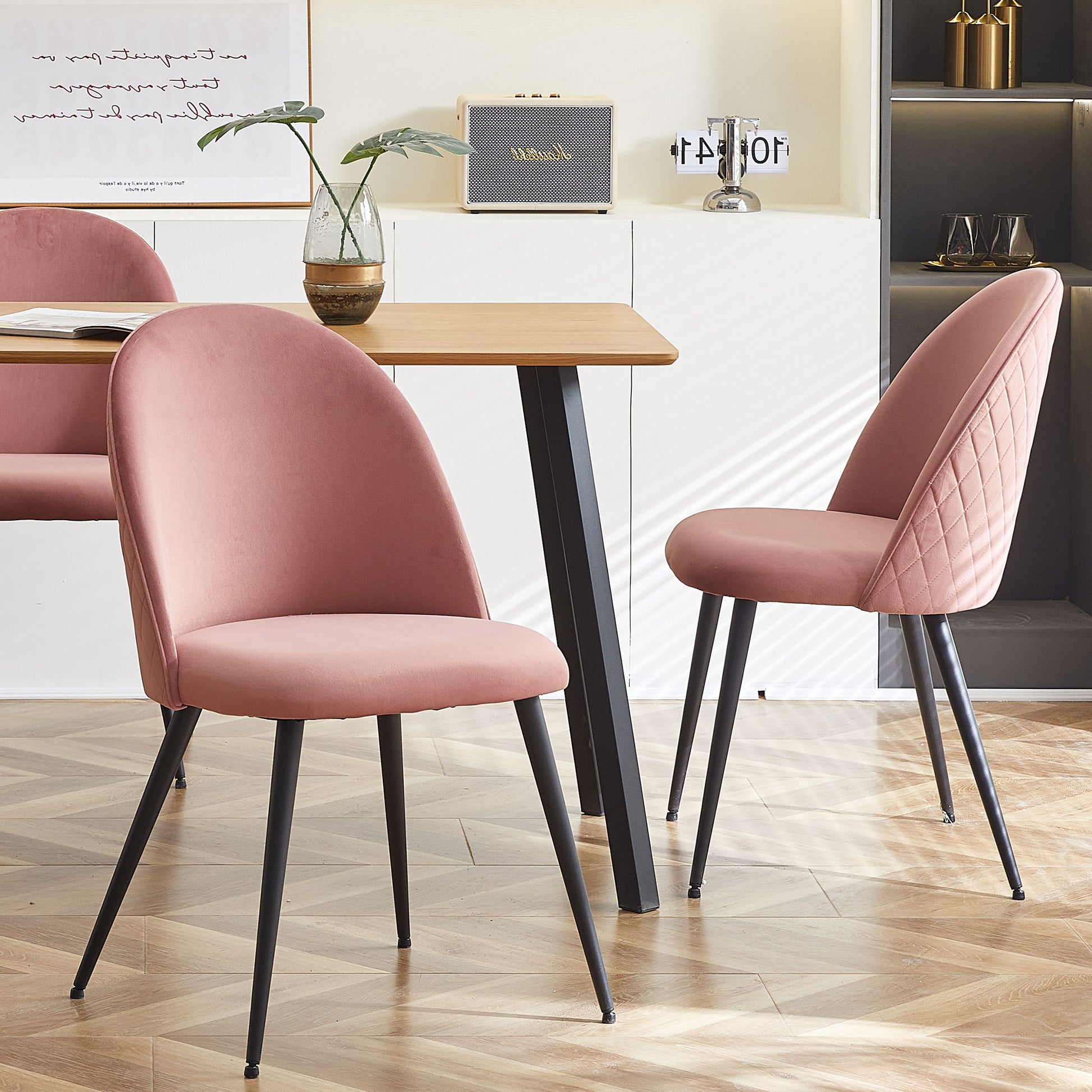 Pink Velvet Dining Chairs With Black Metal Legs, Set Of 4 Chairs Only Four Chairs Pink Dining Room Dry Clean Modern Dining Chairs Solid Back Set Of 4 Or More Foam Velvet