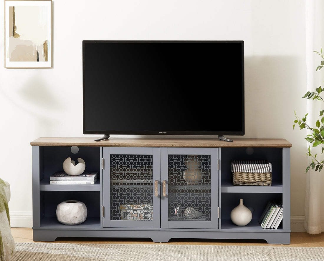 Modern Farmhouse Tv Media Stand, Large Home Entertainment Console, For Tv Up To 80'', With Open Shelves And Glass Door Cabinets, Light Blue And Light Oak, 70"W*15.55"D*26.85"H Light Blue 70 79 Inches 80 Inches Mdf