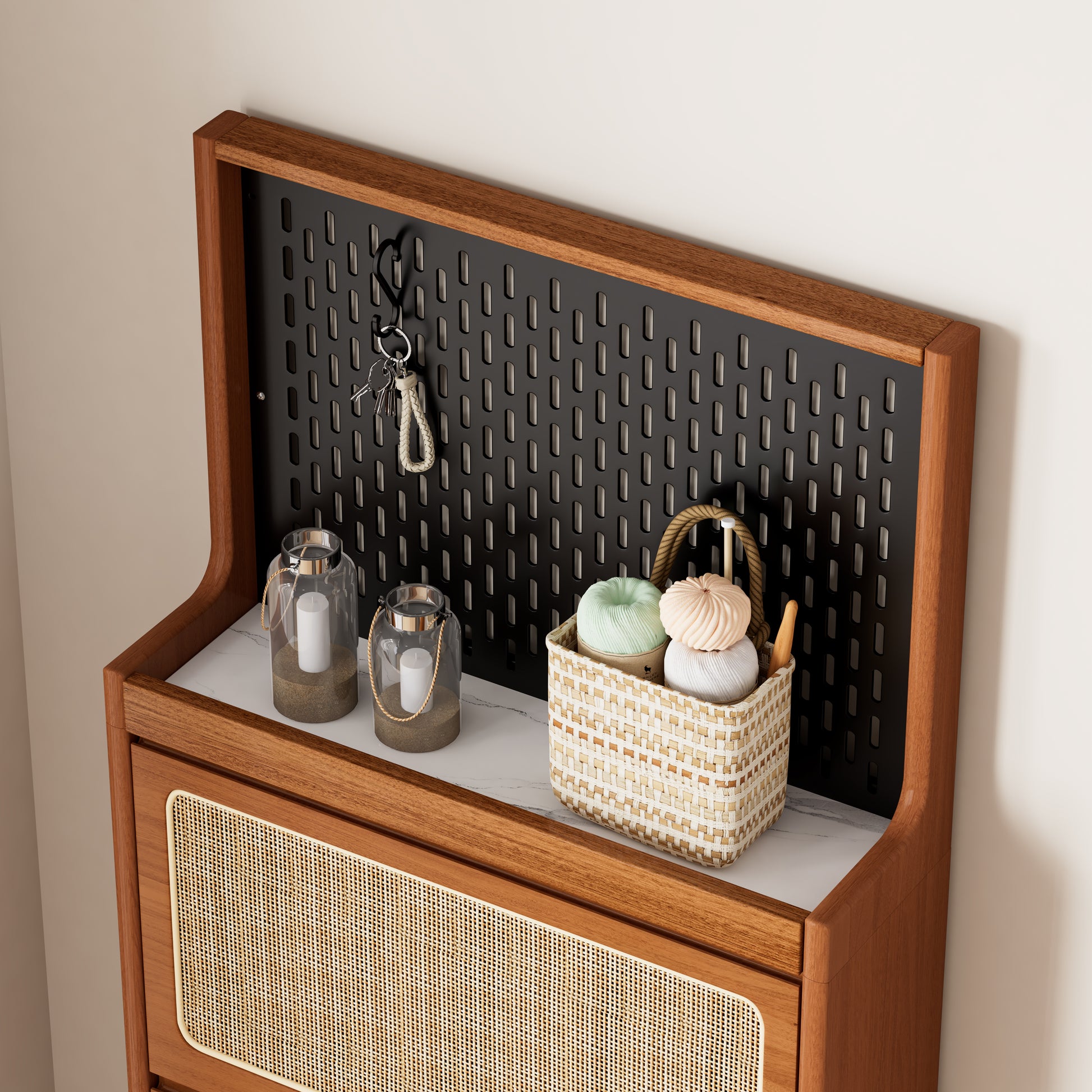 Rattan Shoe Cabinet For Entryway, Free Standing Shoe Rack With 3 Flip Drawers & Black Pegboard, Hidden Narrow Shoe Cabinet For Entrance Hallway, 24.88"W X 7.88" D X 65"H Walnut Mdf