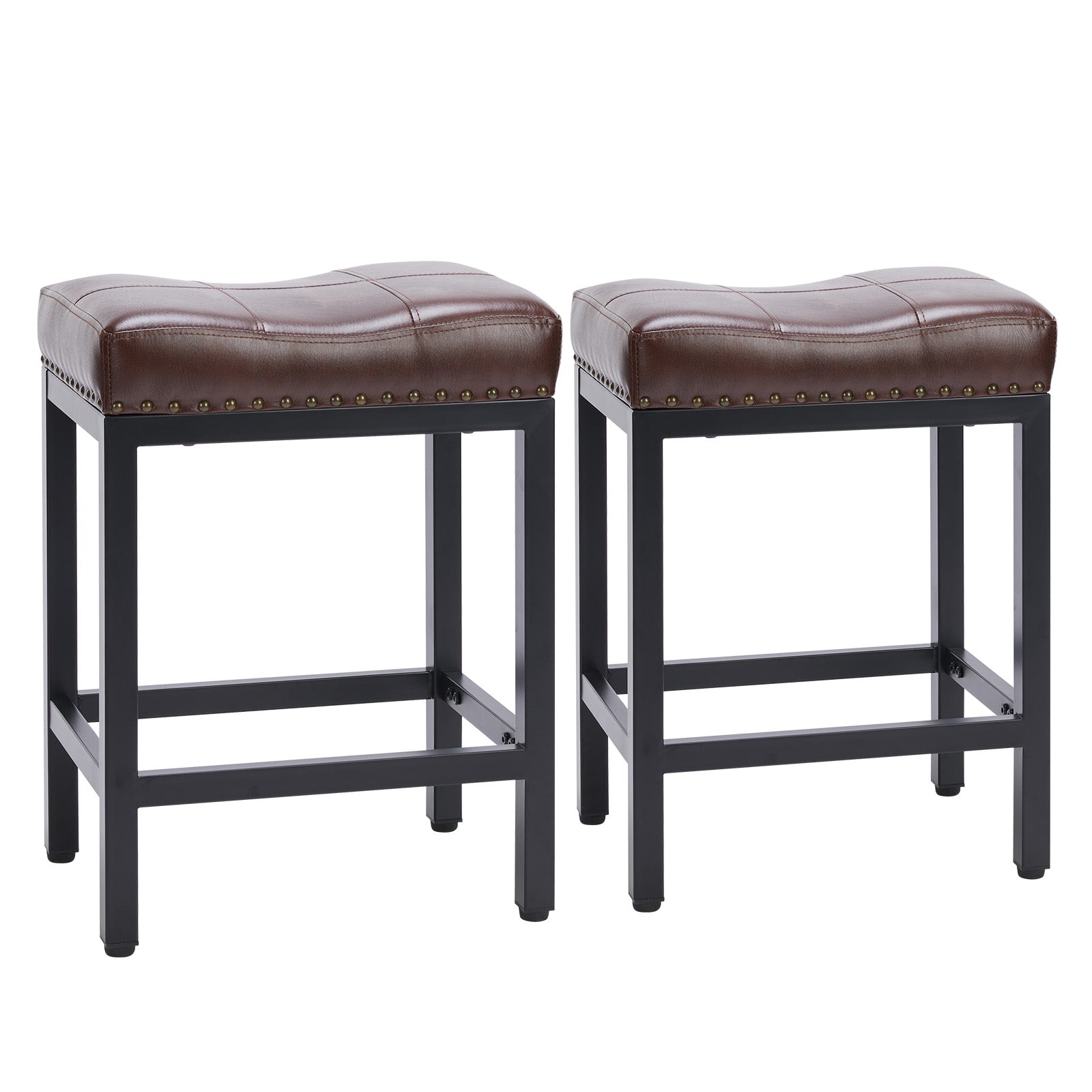 Modern Table Stool, Stool, Lounge Stool, Steel Frame, Leather Seat Cushion, Brown, 2 Packs Brown Leather