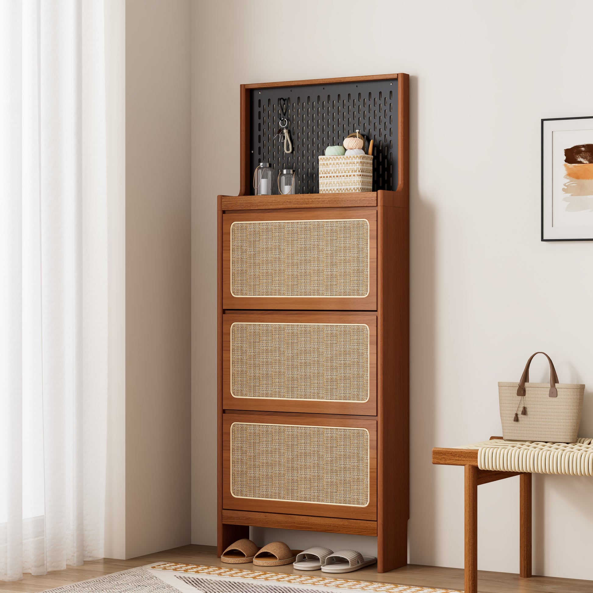 Rattan Shoe Cabinet For Entryway, Free Standing Shoe Rack With 3 Flip Drawers & Black Pegboard, Hidden Narrow Shoe Cabinet For Entrance Hallway, 24.88"W X 7.88" D X 65"H Walnut Mdf