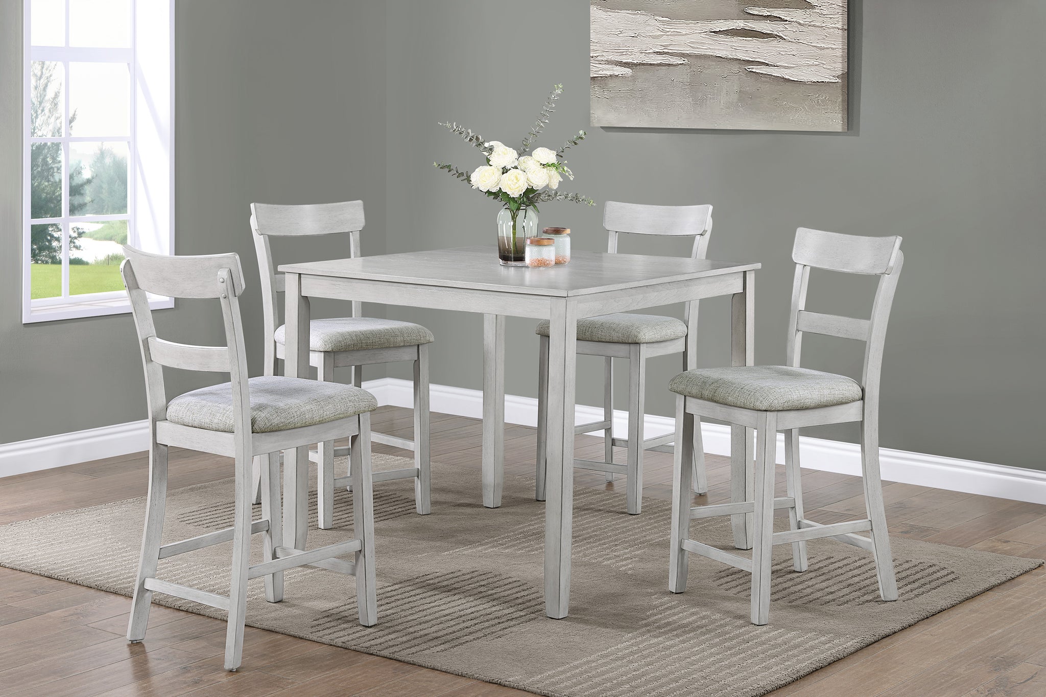 Rustic Farmhouse Transitional 5 Piece Counter Height Dining Set Square Table Linen Look Fabric Upholstered Chair Seat Wooden Dining Room Furniture White Gray Drift Wood Finish Gray Wood Dining Room Square Dining Table With Chair Wood Wood Antique White