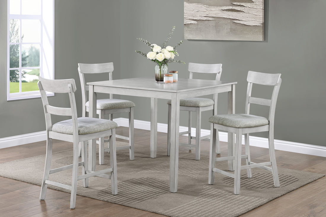 Rustic Farmhouse Transitional 5 Piece Counter Height Dining Set Square Table Linen Look Fabric Upholstered Chair Seat Wooden Dining Room Furniture White Gray Drift Wood Finish Gray Wood Dining Room Square Dining Table With Chair Wood Wood Antique White