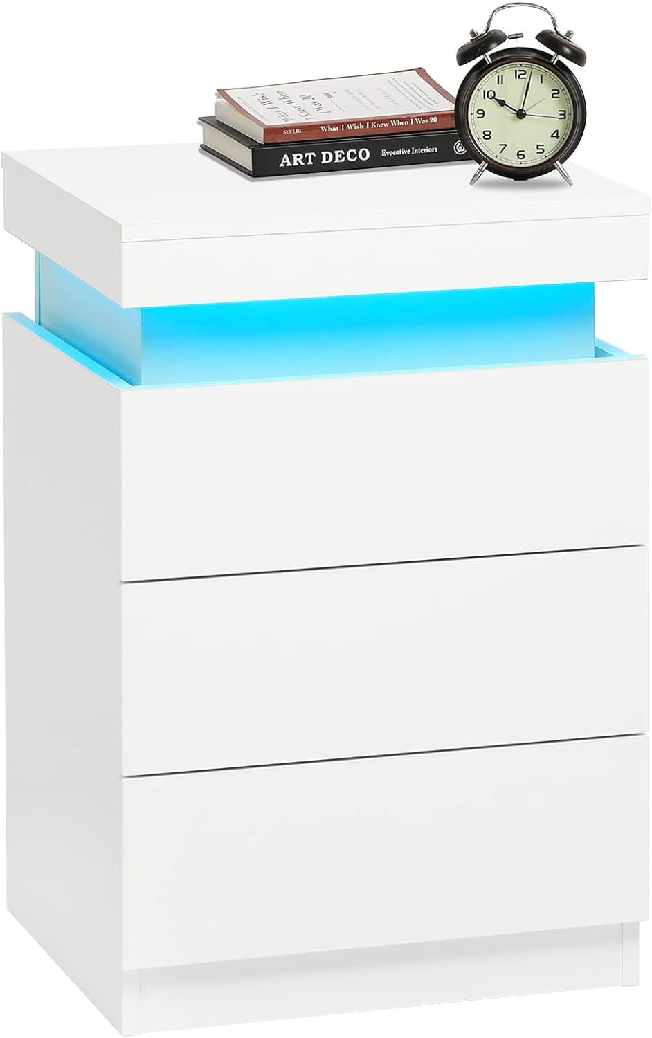 Led White Nightstand With 3 Drawers, Modern Multi Colour Led Night Table Bedside Tables For Bedroom, Living Room White Particle Board