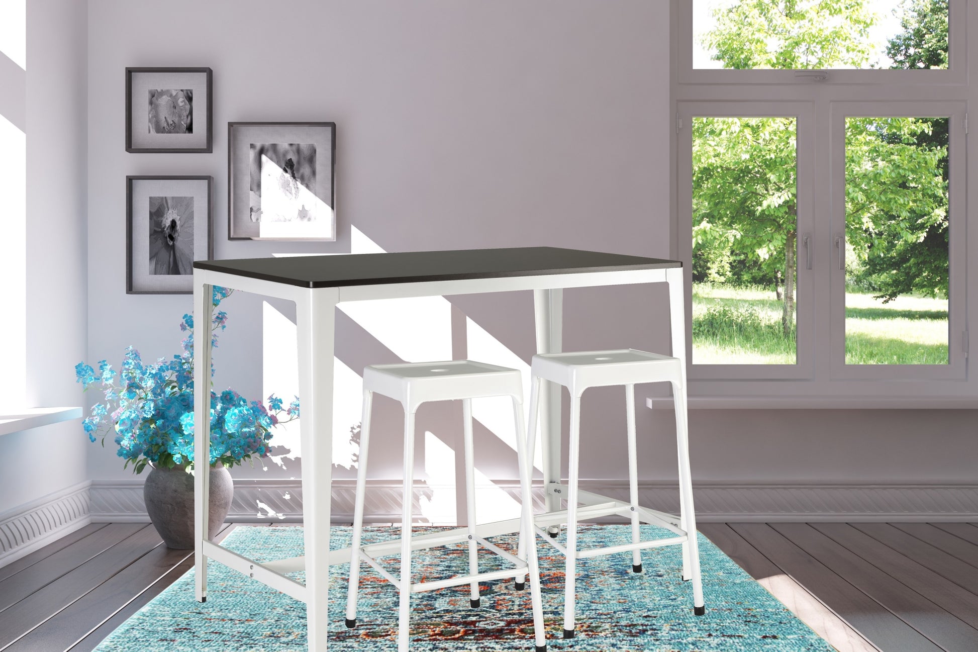 3 Pieces Monoco Farmhouse Counter Bistro Brown Metal Dining Room Fixed Table Rectangular Breakfast Nook Metal Wood Brown White Seats 4 42 Inches Rectangular 4 Leg Mdf Mdf Metal