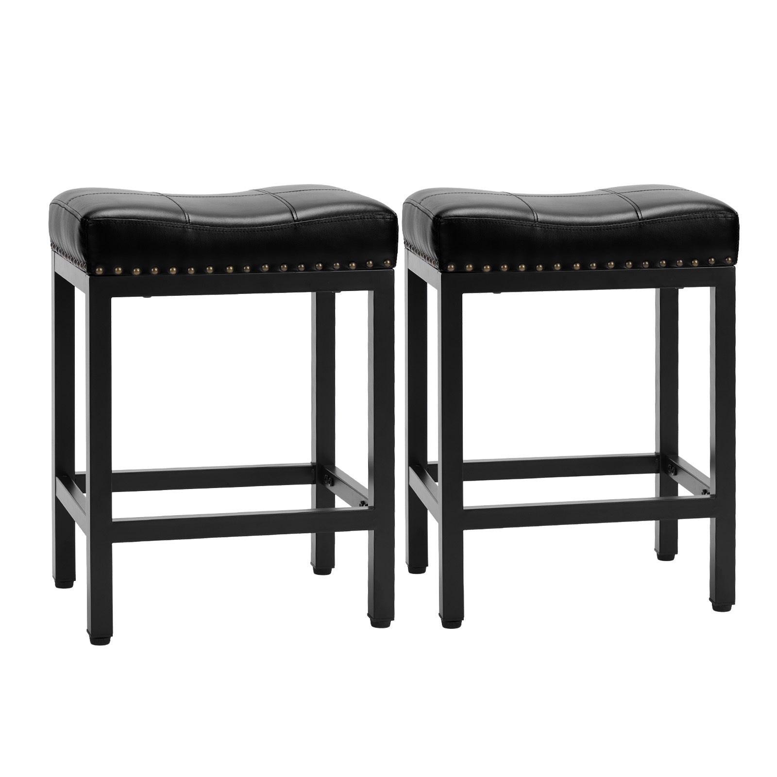 Modern Table Stool, Stool, Lounge Stool, Steel Frame, Leather Seat Cushion, Black, 2 Packs Brown Leather