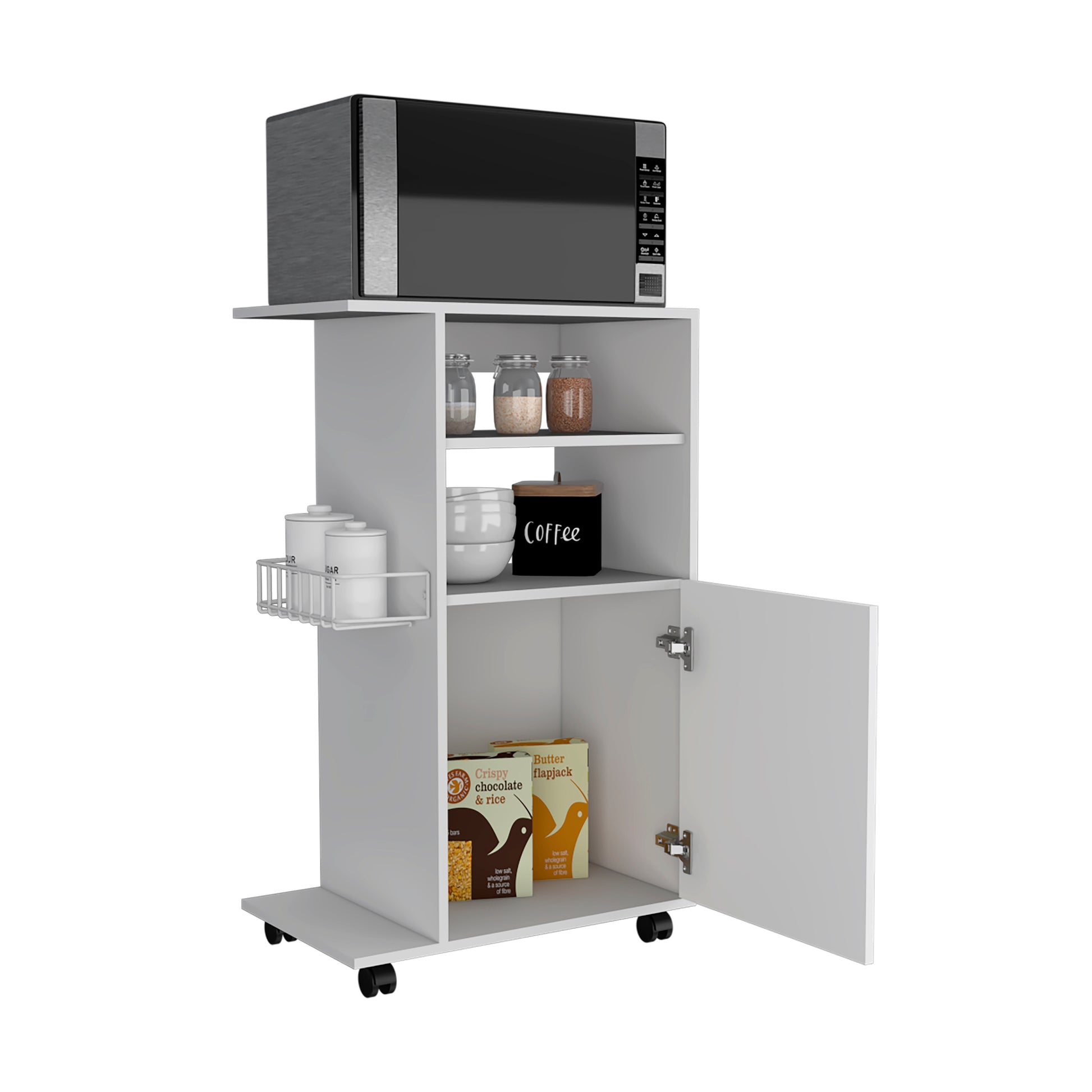 Modern Kitchen Cart 39" H, Single Door Cabinet, Four Wheels, One Side Shelf, White White Particle Board Particle Board