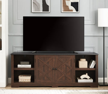 Modern Farmhouse Tv Media Stand, Large Barn Inspired Home Entertainment Console, For Tv Up To 80'', With Open Shelves And Closed Cabinets, Espresso And Black, 70"W*15.55"D*26.89"H Espresso 70 79 Inches 80 Inches Mdf