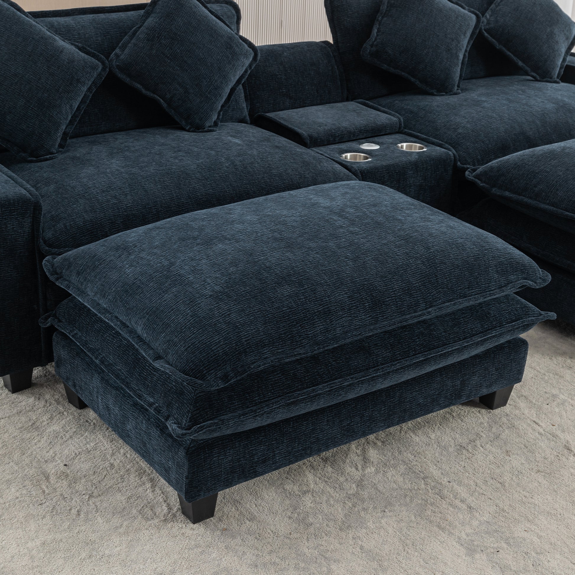 112.6" Sectional Sofa Chenille Upholstered Sofa With Two Removable Ottoman, Two Usb Ports, Two Cup Holders And Large Storage Box For Living Room, Blue Blue Foam Chenille 2 Seat