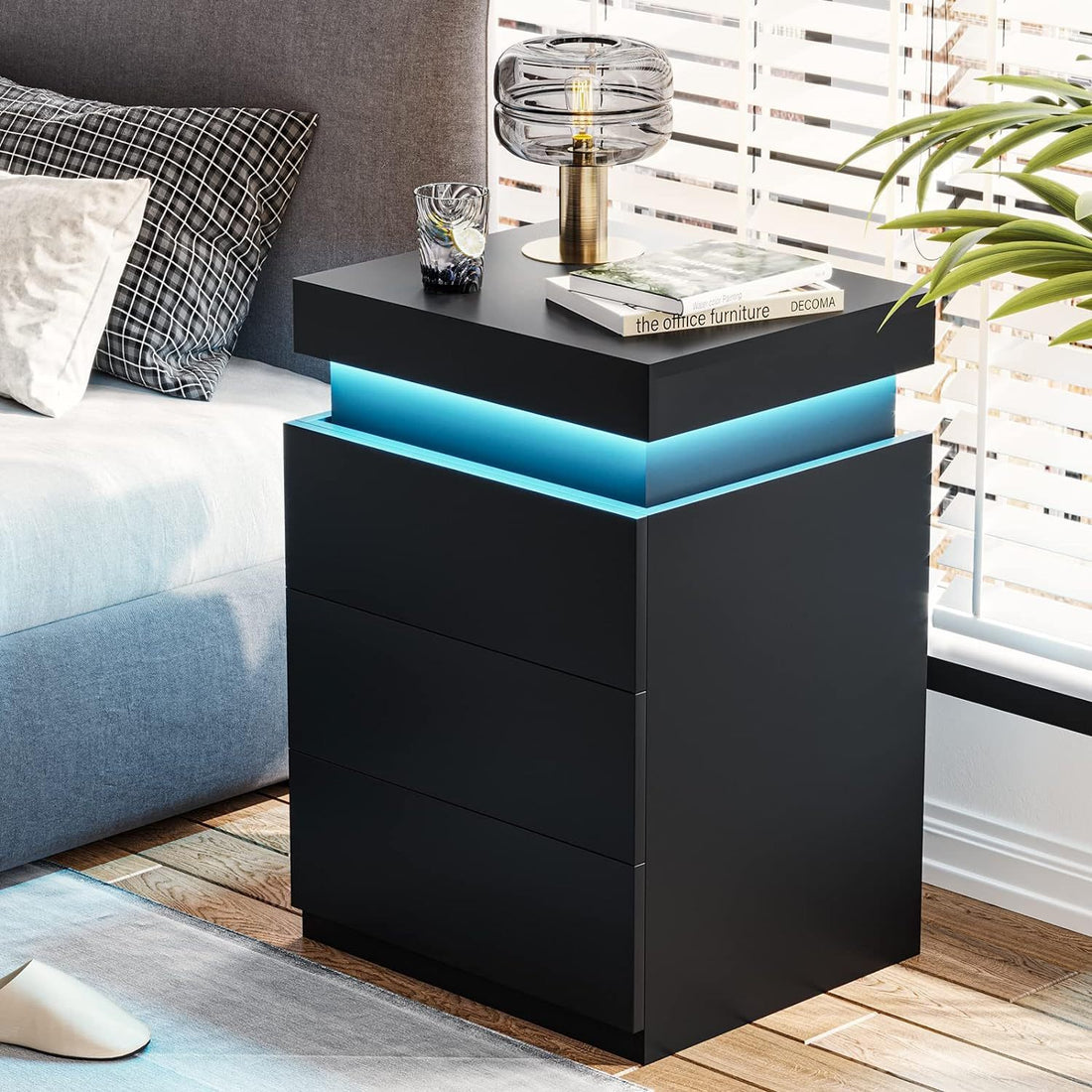 Led Black Nightstand Modern Multi Colour Led Night Table Bedside Tables For Bedroom, Living Room Black Particle Board