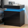 Modern Black Led Nightstand With Led Lights Bedside Table With 2 High Gloss Drawers For Bedroom Black Particle Board