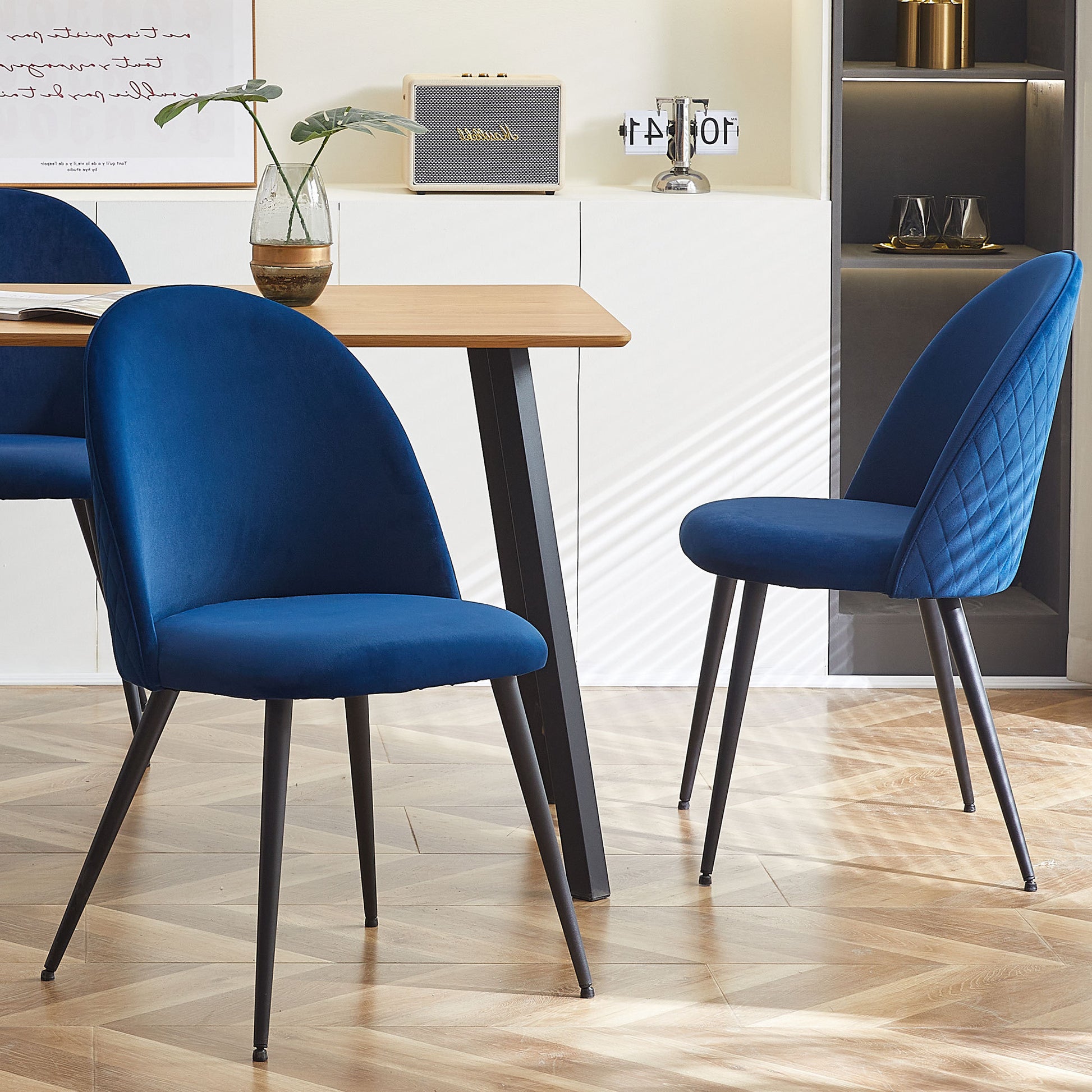 Blue Velvet Dining Chairs With Black Metal Legs,