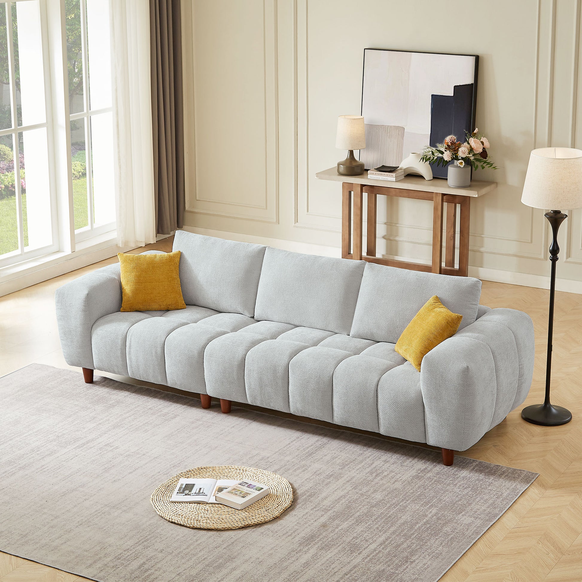 111.81 Inch Convertible Sectional Sofa Couch, L Shaped Sofa With Fabric Couch,Modern Design Cream Style Marshmallow Sofa For Living Room And Office,Grey Light Grey Wood Fabric 3 Seat