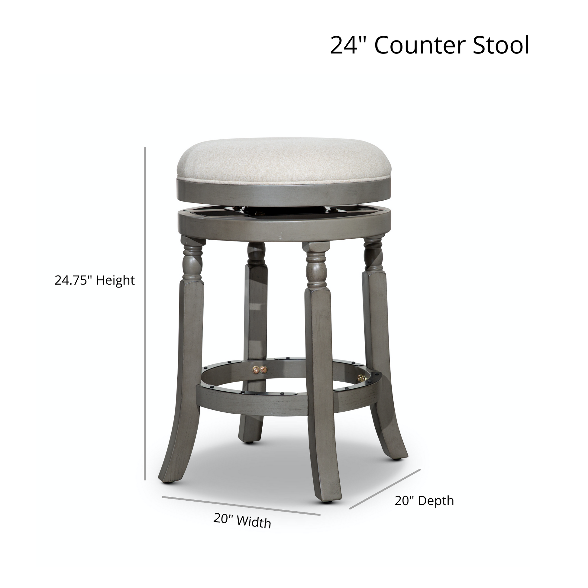 24" Counter Stool, Weathered Gray Finish, Charcoal Fabric Seat Gray Fabric