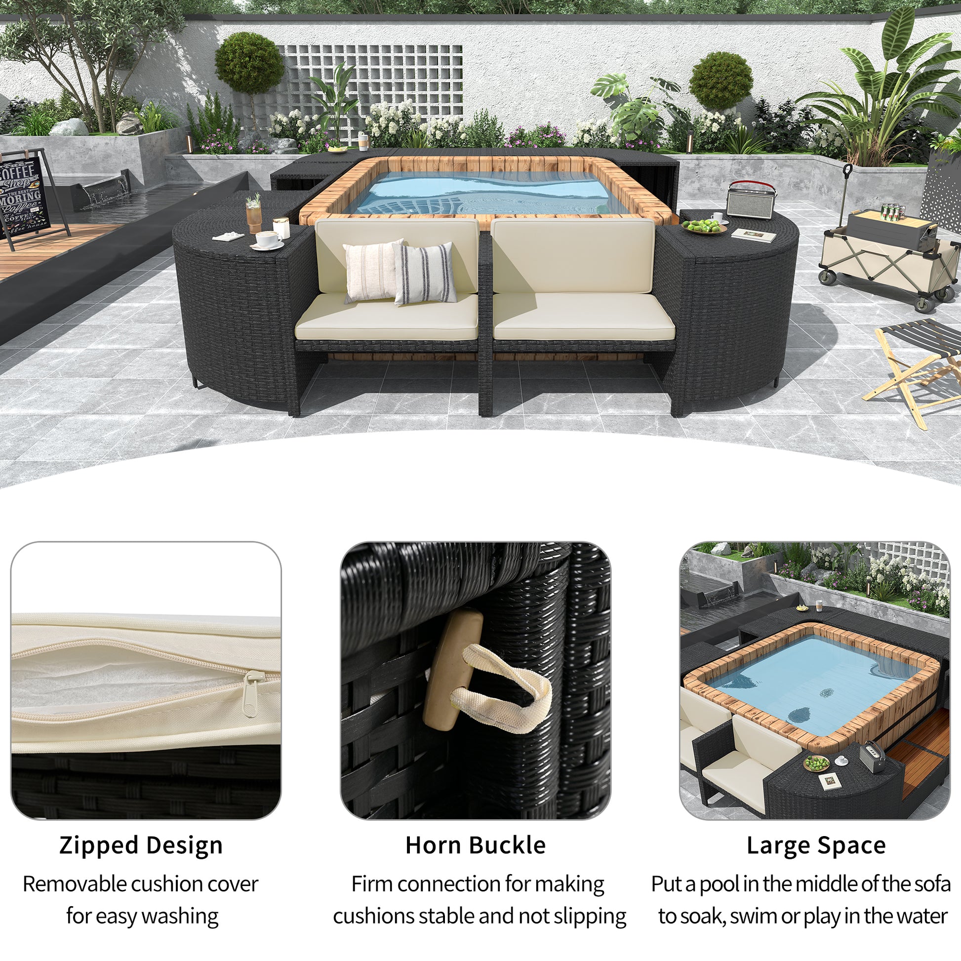 Spa Surround Spa Frame Quadrilateral Outdoor Rattan Sectional Sofa Set With Mini Sofa,Wooden Seats And Storage Spaces, Beige Yes Beige Water Resistant Frame Water Resistant Cushion Garden & Outdoor Sectional Seating Groups Foam Rattan Waterproof Fabric