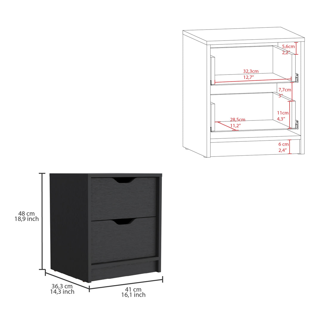 Basilea 2 Drawers Nightstandend Table, Side Table Pull Out System Black Black 2 Drawers Bedroom Rectangle Modern Drawers Particle Board Particle Board