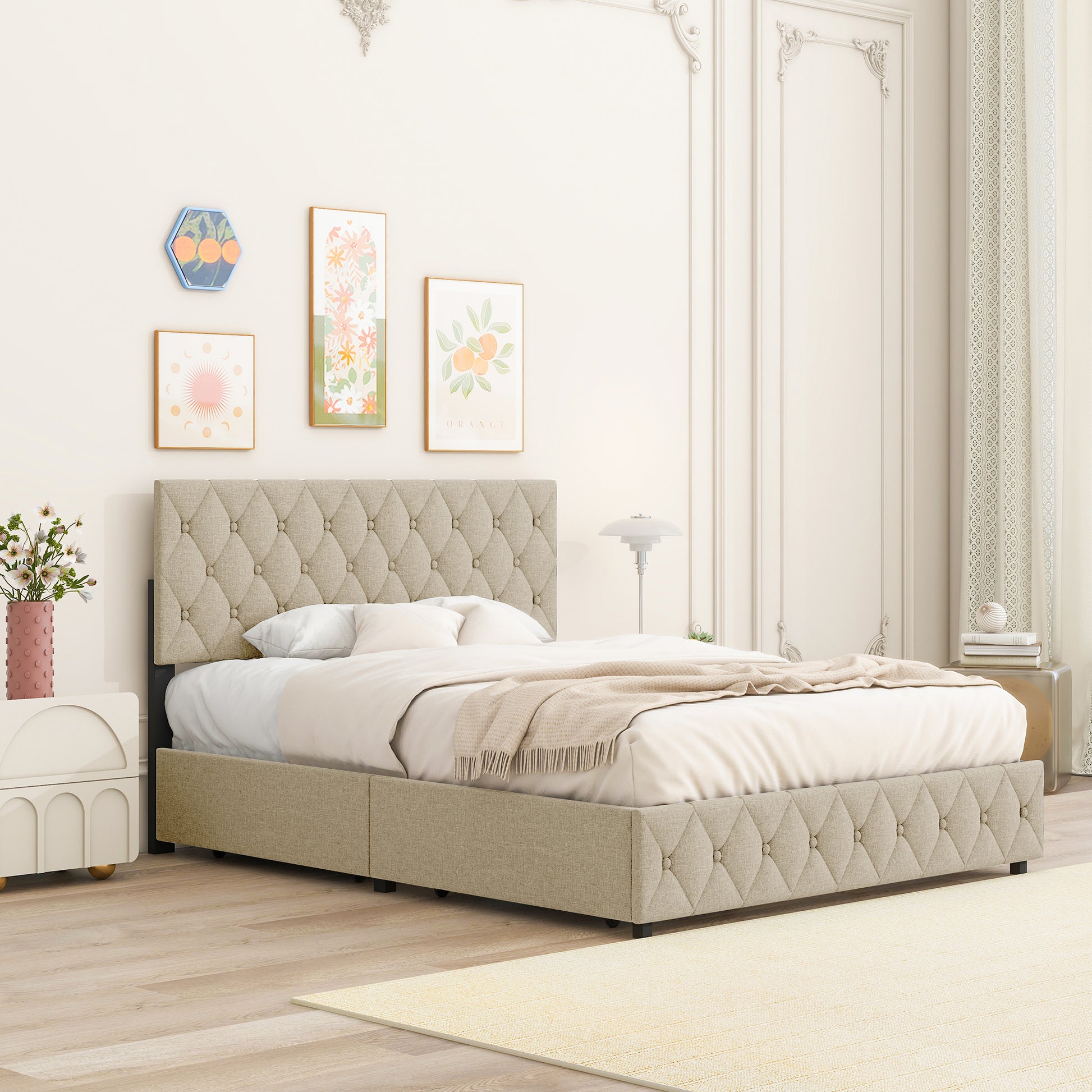 Queen Size Upholstered Platform Bed Frame With 4 Storage Drawers, Adjustable Linen Headboard, Wooden Slats Support, No Box Spring Needed, Easy Assembly, Light Beige Box Spring Not Required Queen Light Beige Wood Bedroom American Design Bed Frame Linen