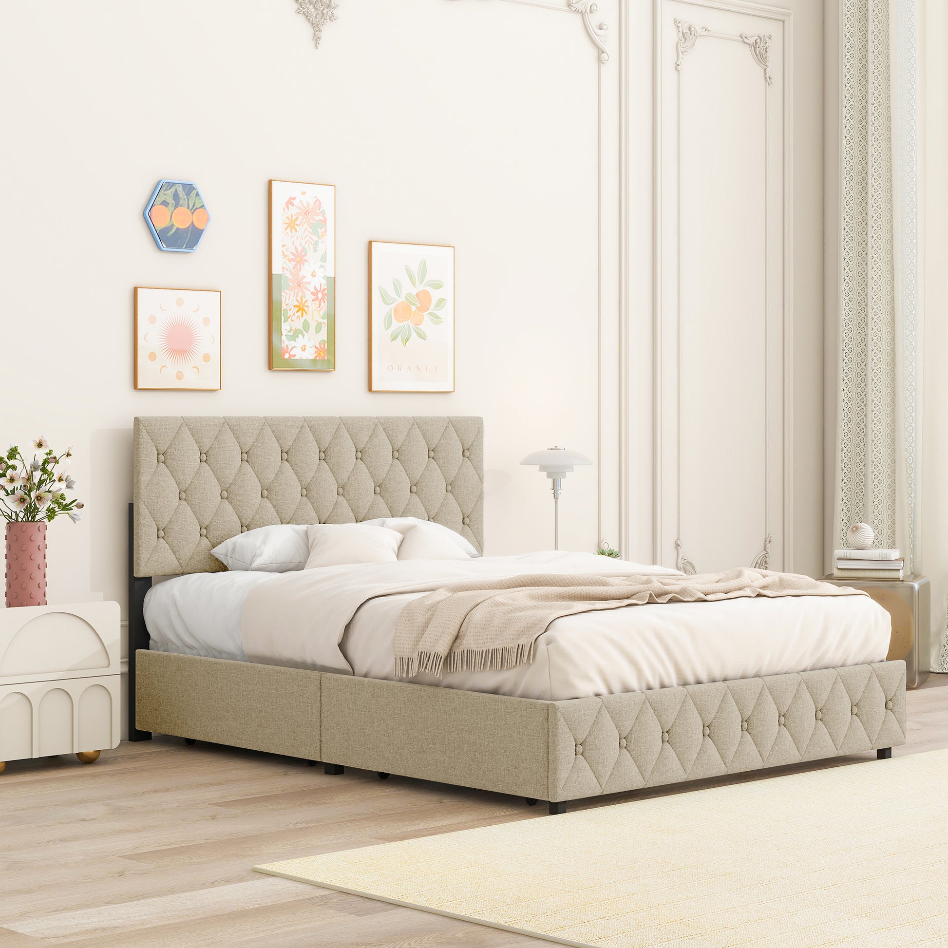 Full Size Upholstered Platform Bed Frame With 4 Storage Drawers, Adjustable Linen Headboard, Wooden Slats Support, No Box Spring Needed, Easy Assembly, Light Beige Box Spring Not Required Full Light Beige Wood Bedroom American Design Bed Frame Linen