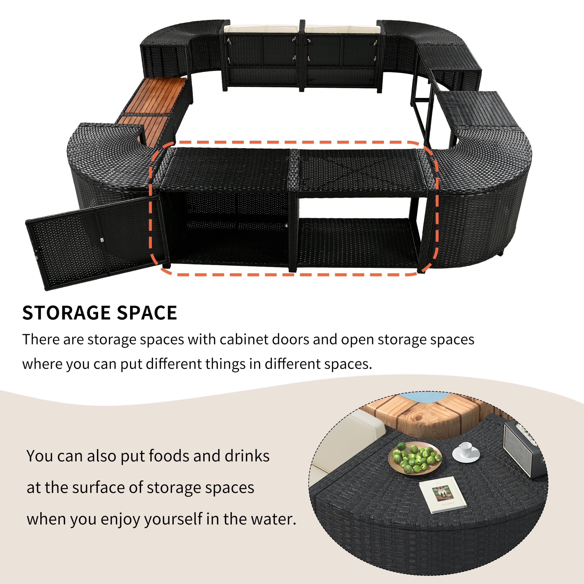 Spa Surround Spa Frame Quadrilateral Outdoor Rattan Sectional Sofa Set With Mini Sofa,Wooden Seats And Storage Spaces, Beige Yes Beige Water Resistant Frame Water Resistant Cushion Garden & Outdoor Sectional Seating Groups Foam Rattan Waterproof Fabric