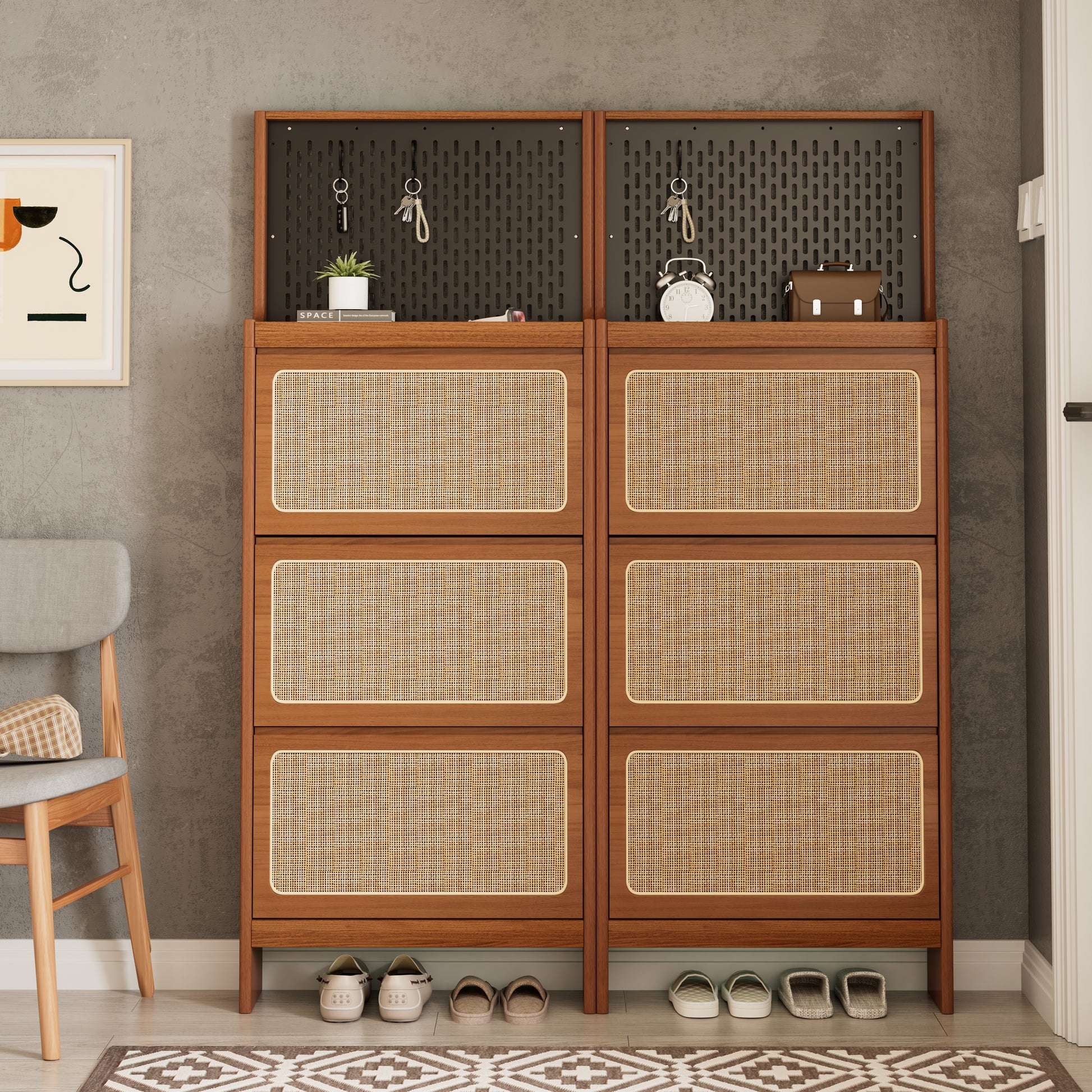 Rattan Shoe Cabinet For Entryway, Free Standing Shoe Rack With 3 Flip Drawers & Black Pegboard, Hidden Narrow Shoe Cabinet For Entrance Hallway, 24.88"W X 7.88" D X 65"H Walnut Mdf