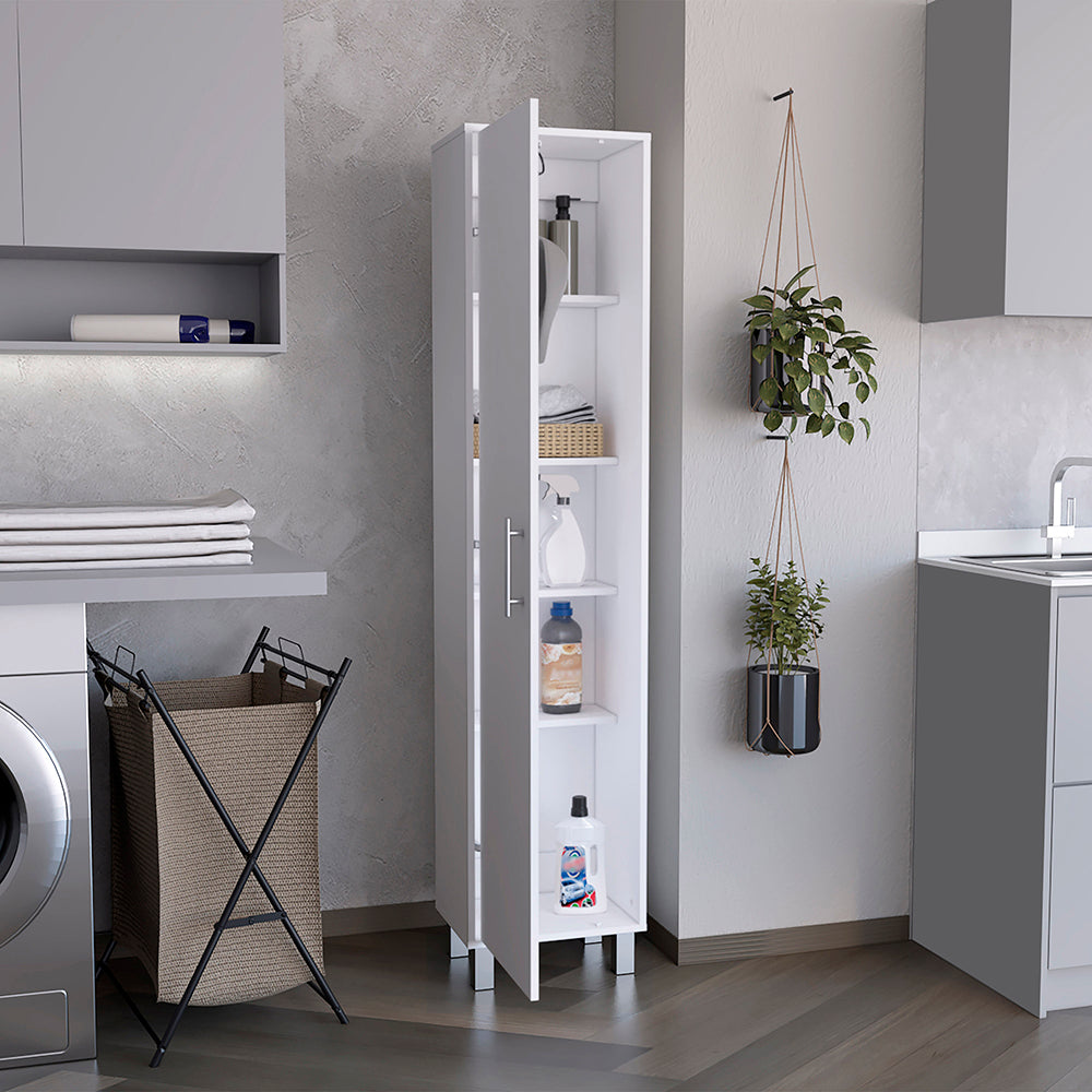 Laska 70" Tall Storage Cabinet Broom Closet With Broom Hangers,And Four Shelves White White Particle Board