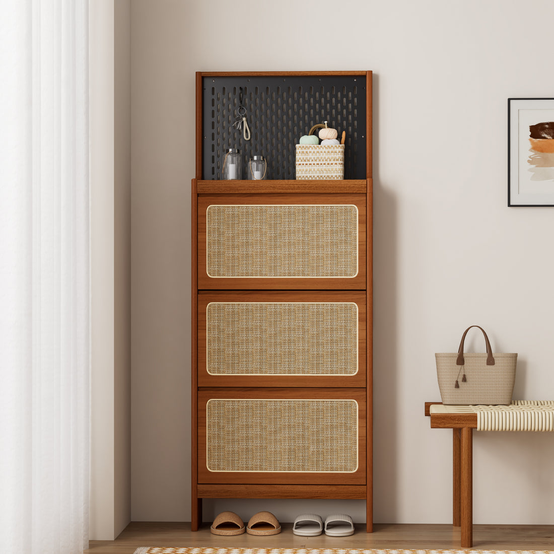 Rattan Shoe Cabinet For Entryway, Free Standing