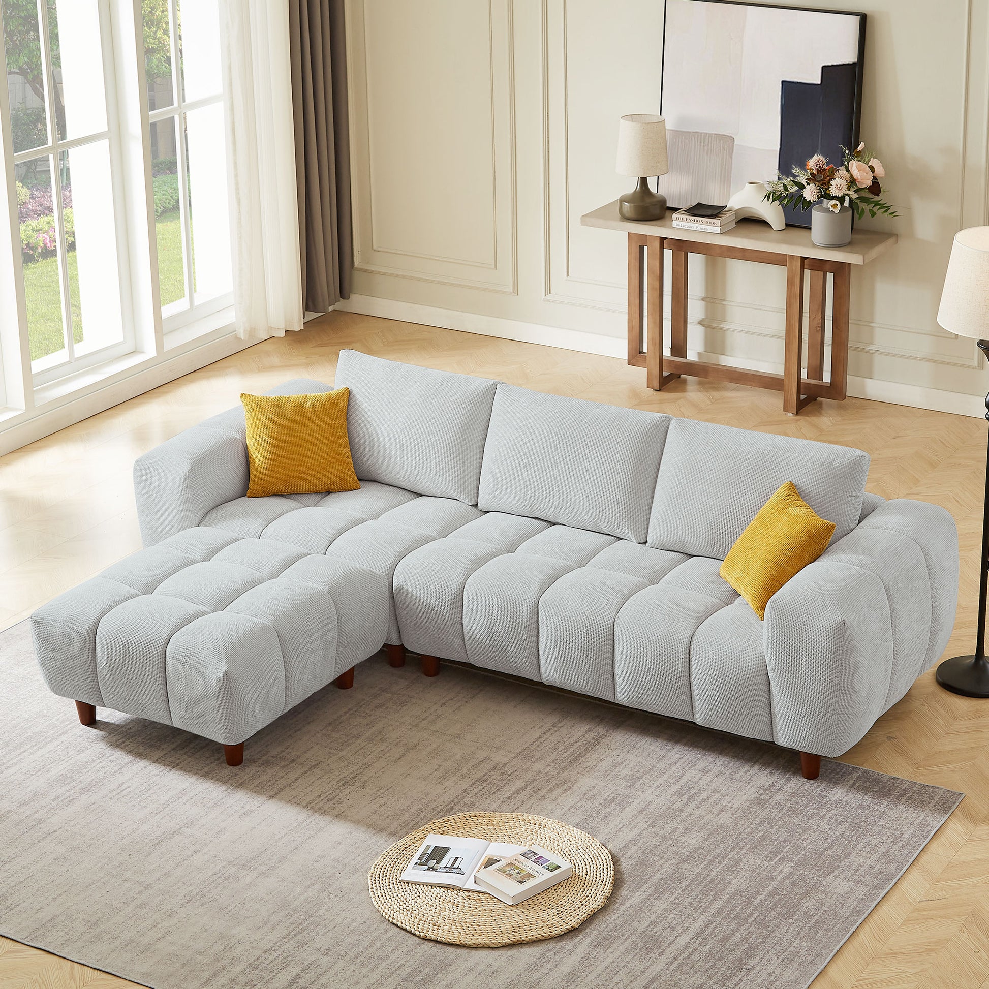 111.81 Inch Convertible Sectional Sofa Couch, L Shaped Sofa With Fabric Couch,Modern Design Cream Style Marshmallow Sofa For Living Room And Office,Grey Light Grey Wood Fabric 3 Seat