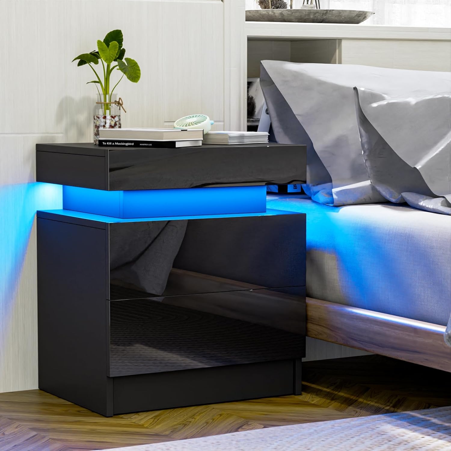 Modern Black Led Nightstand With Led Lights Bedside Table With 2 High Gloss Drawers For Bedroom Black Particle Board