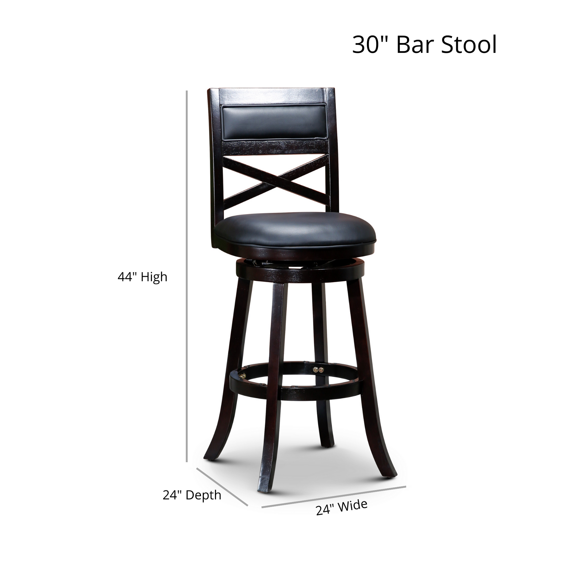 30" Bar Height X Back Swivel Stool, Weathered Gray Finish, Black Leather Seat Gray Bonded Leather