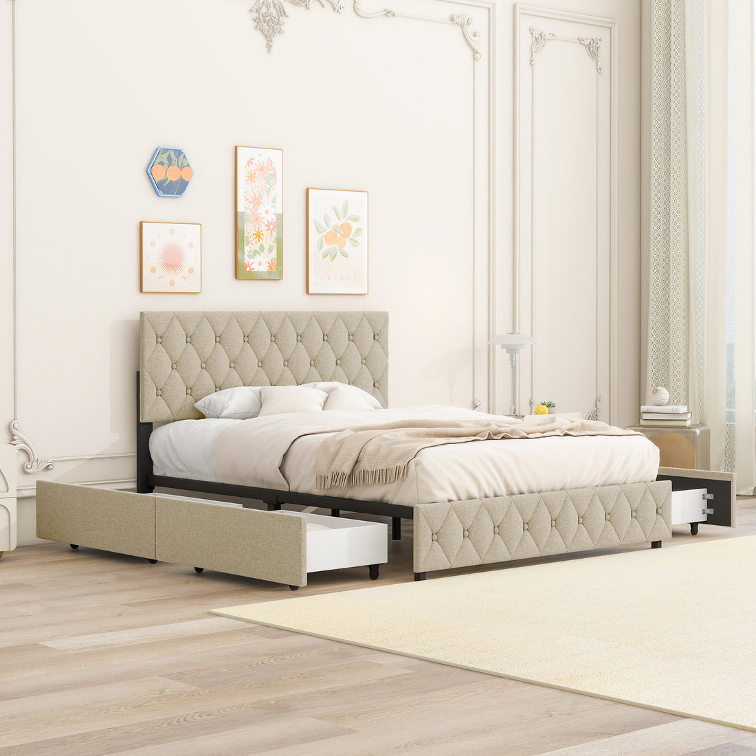 Full Size Upholstered Platform Bed Frame With 4 Storage Drawers, Adjustable Linen Headboard, Wooden Slats Support, No Box Spring Needed, Easy Assembly, Light Beige Box Spring Not Required Full Light Beige Wood Bedroom American Design Bed Frame Linen