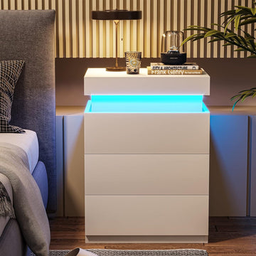 Led White Nightstand With 3 Drawers, Modern Multi Colour Led Night Table Bedside Tables For Bedroom, Living Room White Particle Board