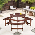 Outdoor 6 Person Picnic Table, 6 Person Round Picnic Table With 3 Built In Benches, Umbrella Hole, Outside Table And Bench Set For Garden, Backyard, Porch, Patio, Brown Brown Wood Metal