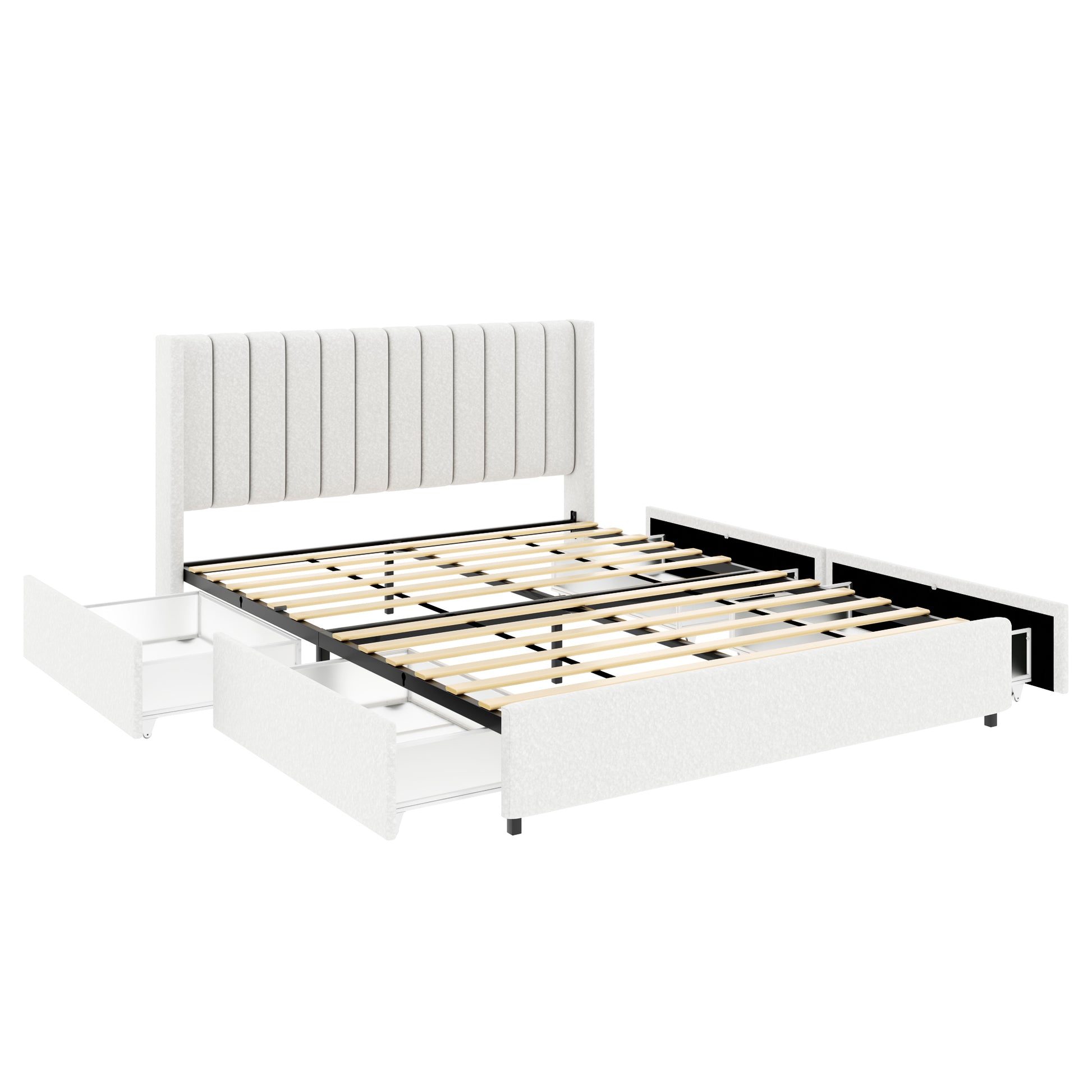 Same As B083119691 Anda Queen Size Ivory Boucle Upholstered Platform Bed With Patented 4 Drawers Storage, Tufted Headboard, Wooden Slat Mattress Support, No Box Spring Needed Box Spring Not Required Queen Ivory Bedroom