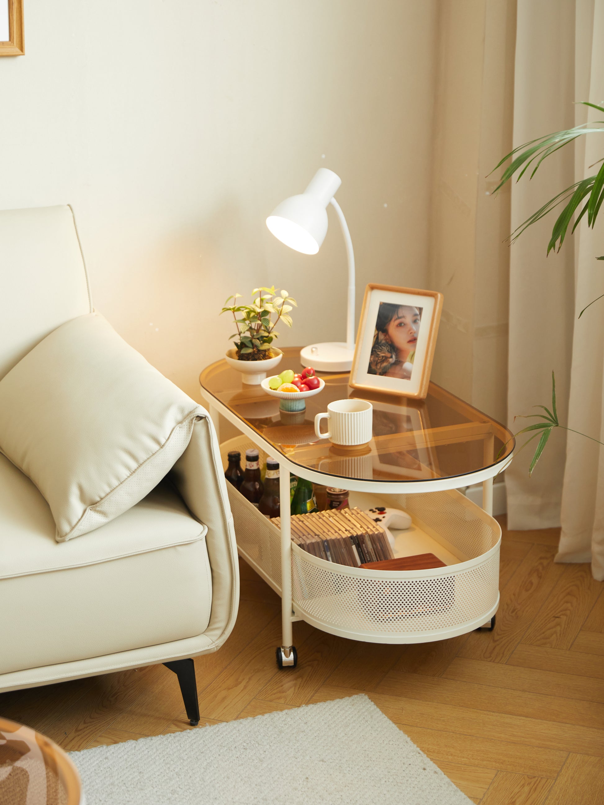 Movable Oval Metal Glass Coffee Table With Storage White Glass Metal