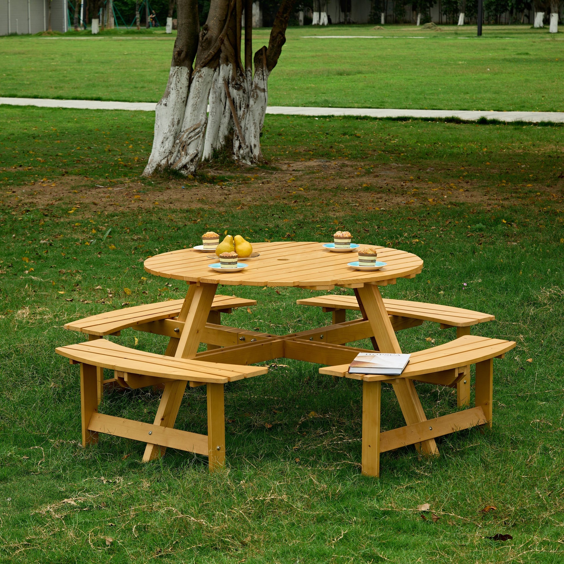 8 person patio table with umbrella hole Outdoor 8 Person Picnic Table, 8 Person Round Picnic Table With 4 Buil