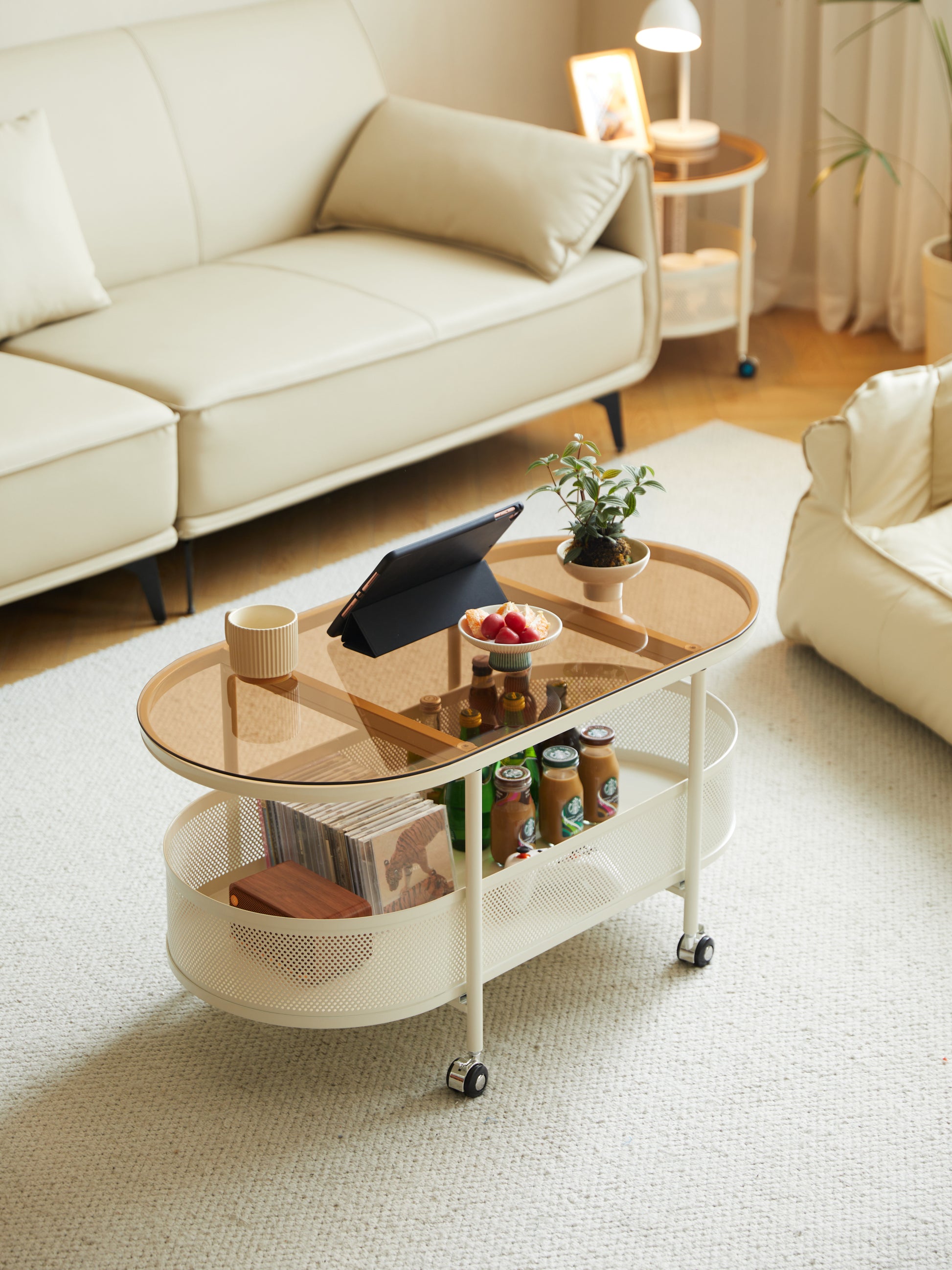 Movable Oval Metal Glass Coffee Table With Storage White Glass Metal