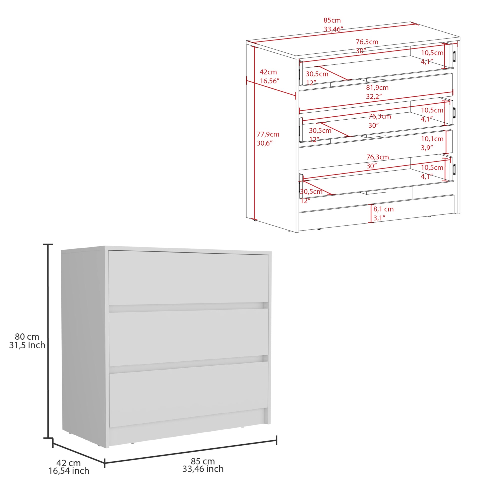 Austin Three Drawer Dresser, Pull Out Mechanism White White Bedroom Modern Particle Board Particle Board