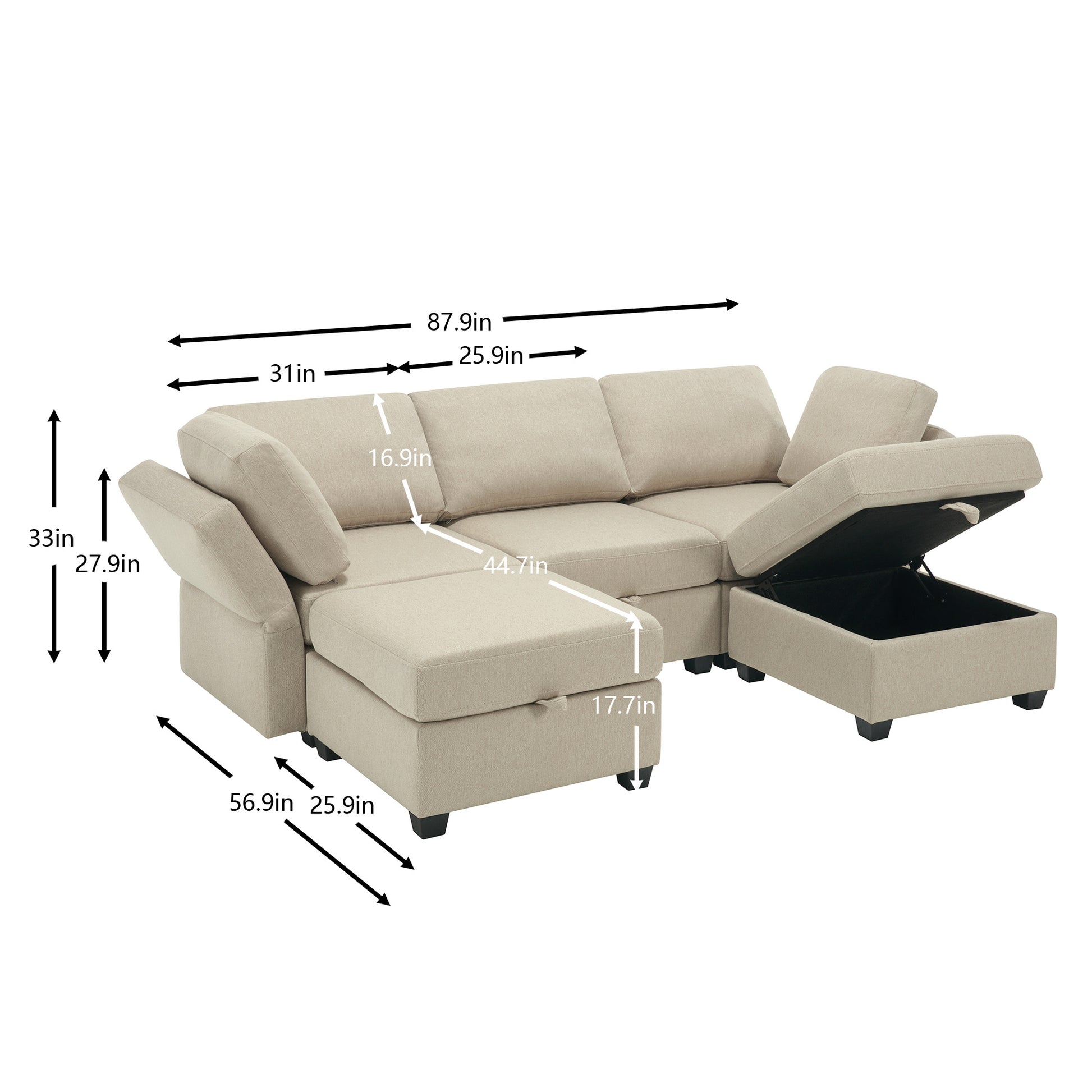 Reversible Sectional Sofa Modern Modular Sectional Couch With Chaise U Shaped Corner Sectional 5 Seater Modular Sofa With Storage Seats, Adjustable Arms And Backs Beige Beige Polyester 3 Seat