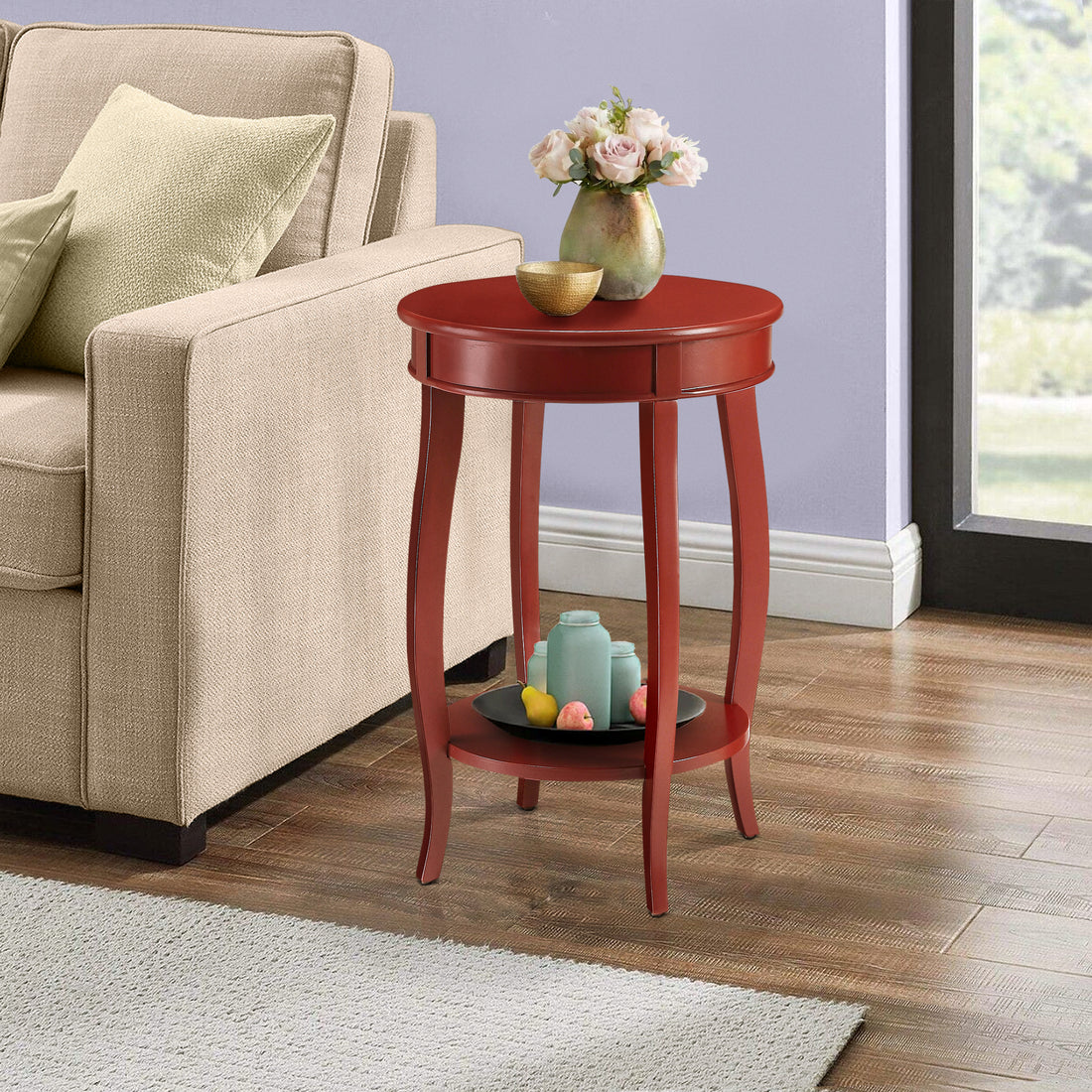 Red Round Side Table With Bottom Shelf Red Primary Living Space Contemporary Shelves Round Wood