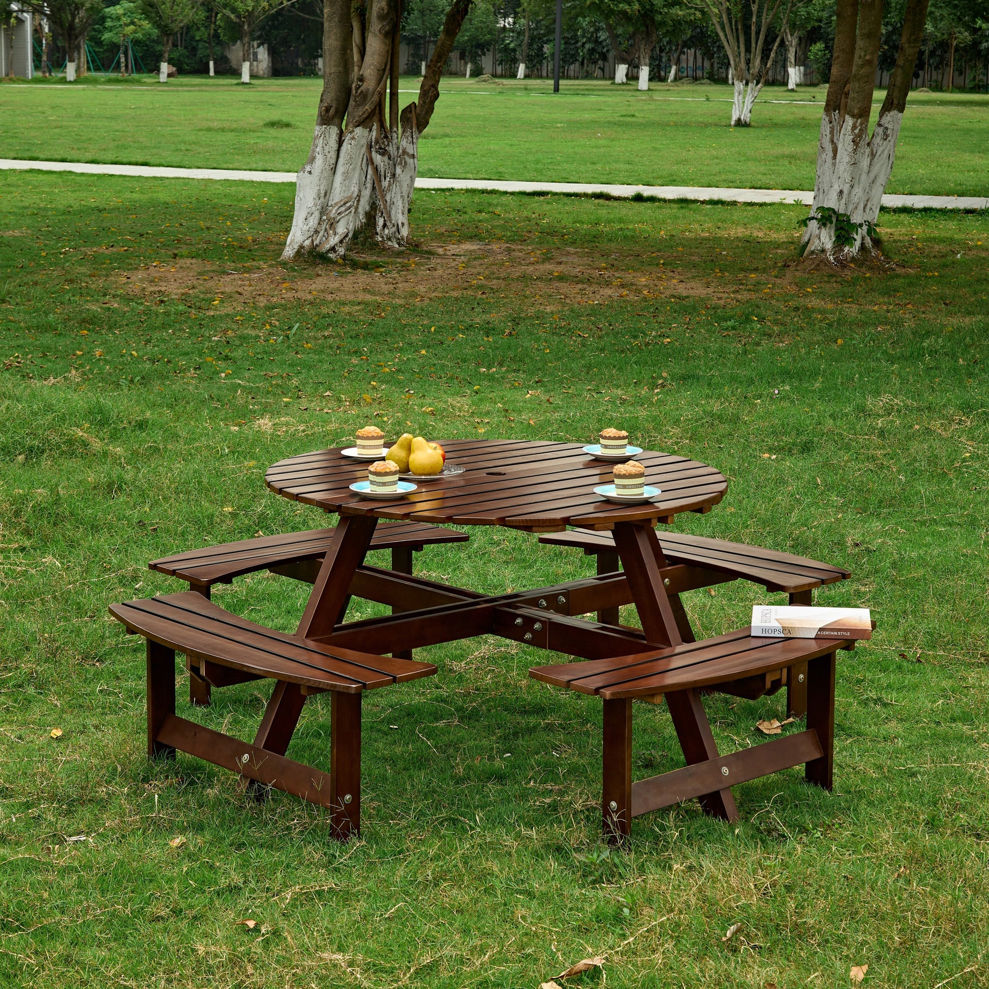 8 person patio table with umbrella hole Outdoor 8 Person Picnic Table, 8 Person Round Picnic Table With 4 Buil