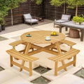 Outdoor 8 Person Picnic Table, 8 Person Round Picnic Table With 4 Built In Benches, Umbrella Hole, Outside Table And Bench Set For Garden, Backyard, Porch, Patio, Natural Natural Wood Metal