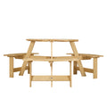 Outdoor 6 Person Picnic Table, 6 Person Round Picnic Table With 3 Built In Benches, Umbrella Hole, Outside Table And Bench Set For Garden, Backyard, Porch, Patio, Natural Natural Wood Metal