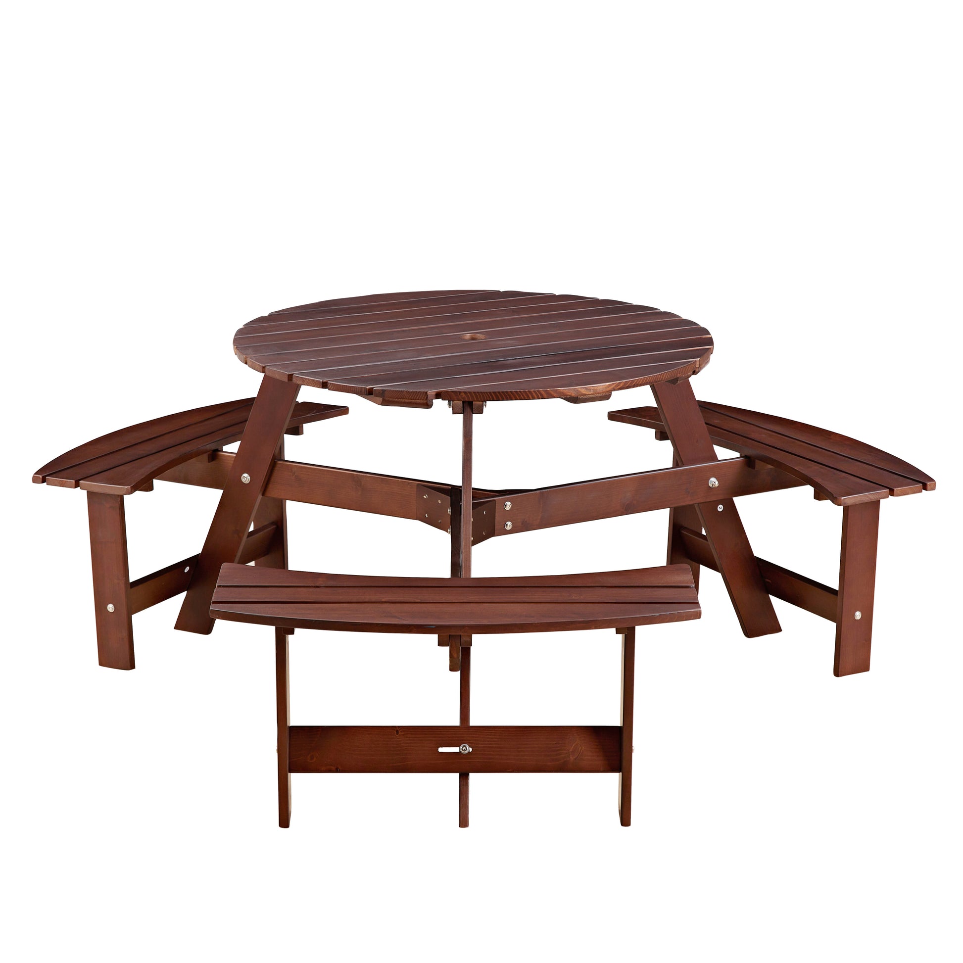Outdoor 6 Person Picnic Table, 6 Person Round Picnic Table With 3 Built In Benches, Umbrella Hole, Outside Table And Bench Set For Garden, Backyard, Porch, Patio, Brown Brown Wood Metal