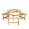 Outdoor 6 Person Picnic Table, 6 Person Round Picnic Table With 3 Built In Benches, Umbrella Hole, Outside Table And Bench Set For Garden, Backyard, Porch, Patio, Natural Natural Wood Metal