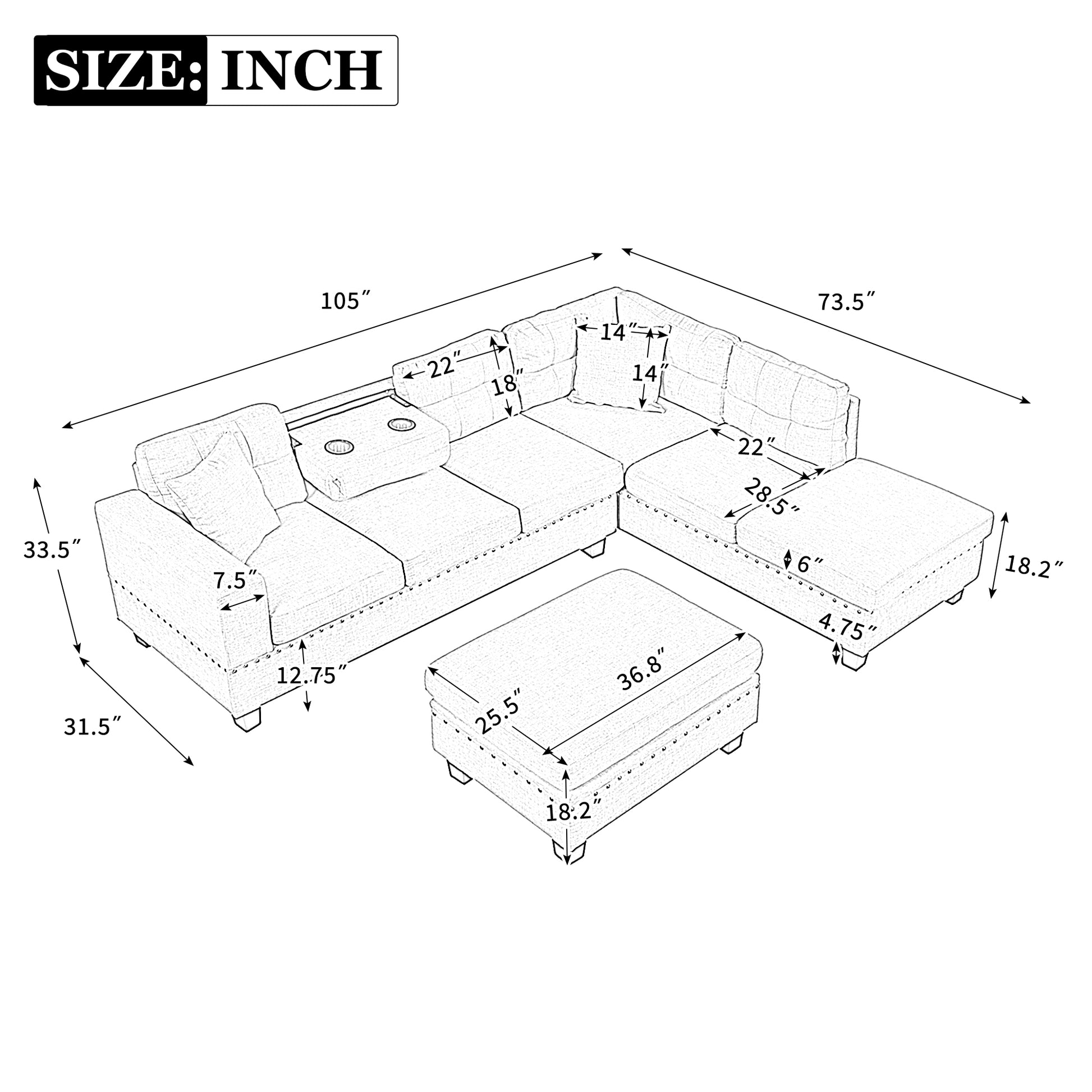 105" Modern Sectional Sofa With Storage Ottoman, L Shape Couch With 2 Pillows And Cup Holder,Sectional Sofa With Reversible Chaise For Living Room,Gray Gray Foam Velvet 6 Seat