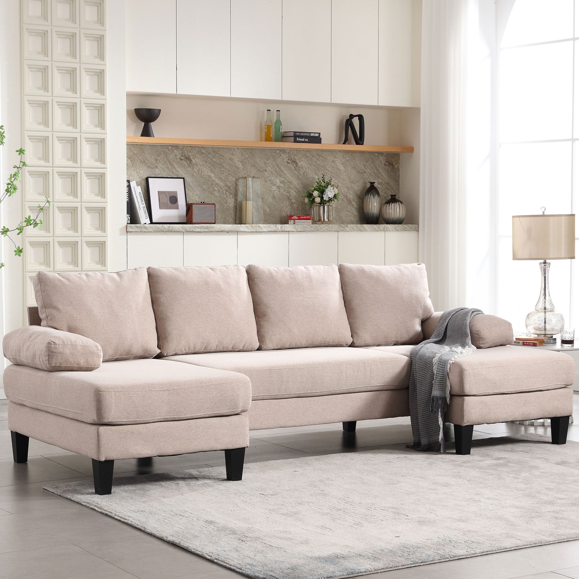 U Shaped Couch With Oversized Seat,6 Seat Sofa Bed With Double Chaise,Comfortable And Spacious Indoor Furniture For Living Room,Apartment Khaki Polyester Primary Living Space Polyester 6 Seat