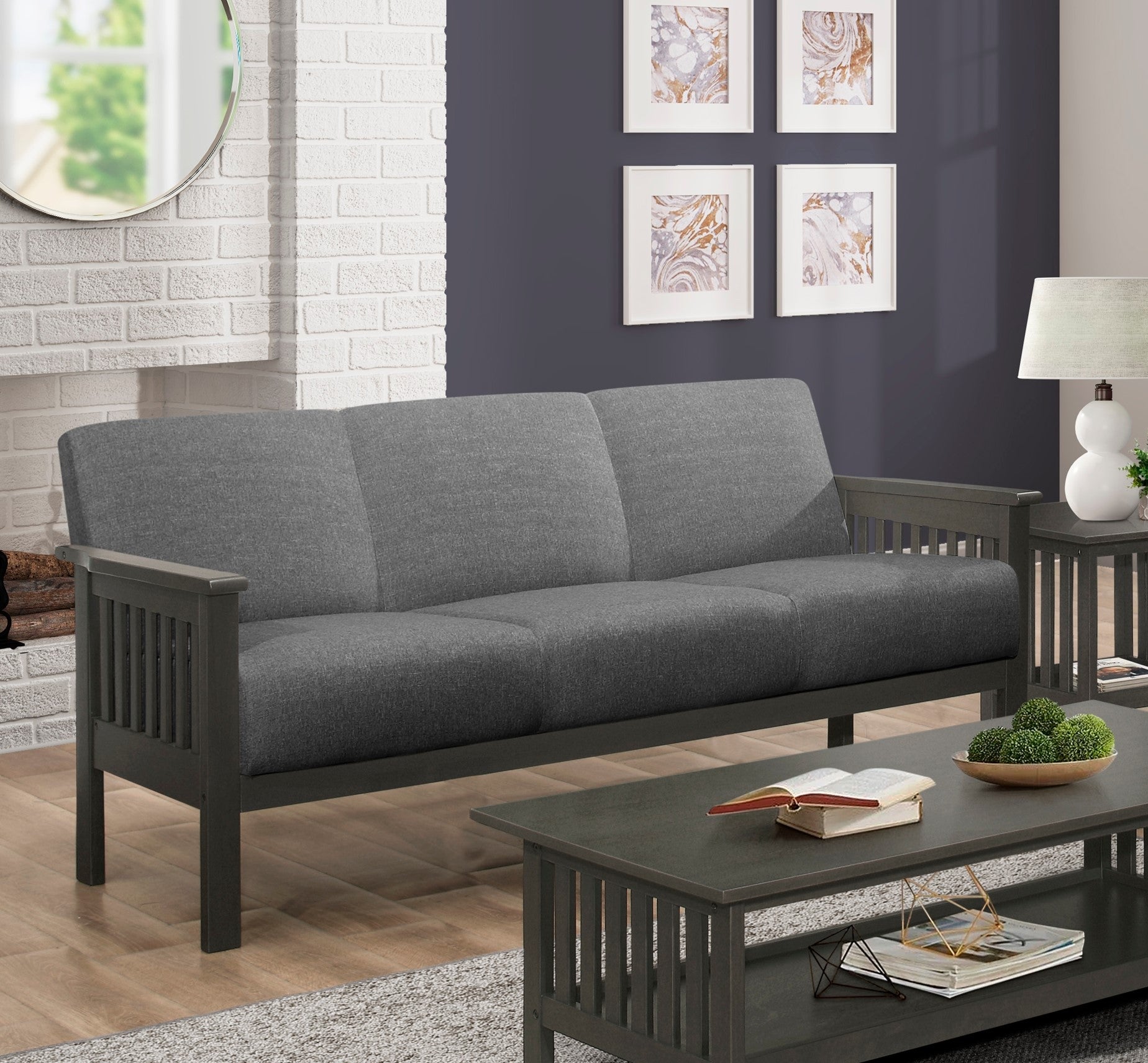 Classic Living Room 1Pc Sofa Gray Cushion Seat And Back Solid Rubberwood Furniture Transitional Style Gray Gray Polyester Wood Primary Living Space Rubberwood Solid Wood 3 Seat